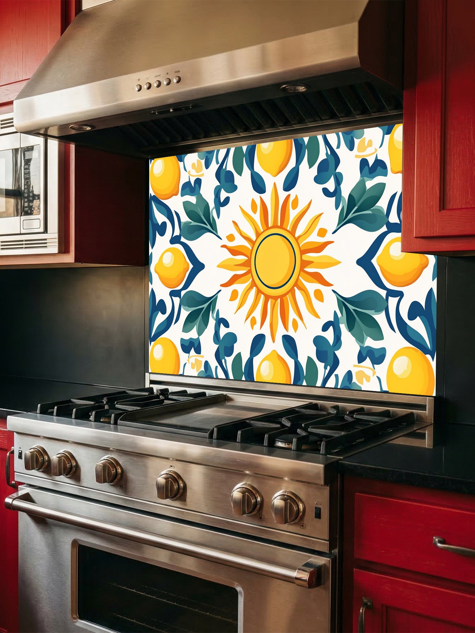 Vibrant Mediterranean Majolica style tile pattern featuring a central sun, yellow lemons, and teal leaves, UV printed on a smooth tempered glass kitchen backsplash.