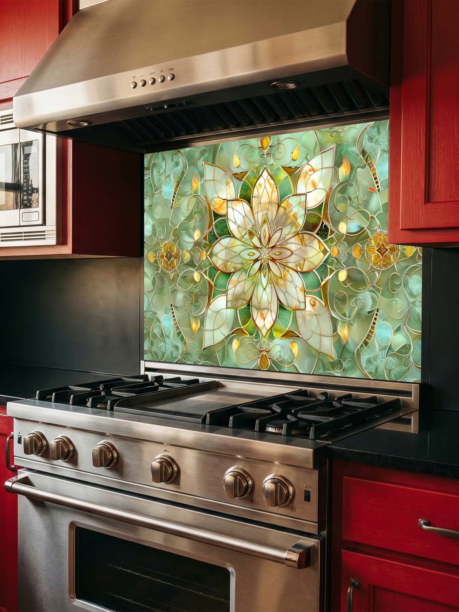 Stained glass style green and gold floral mandala UV printed on a smooth tempered glass kitchen backsplash, installed behind a modern stove.