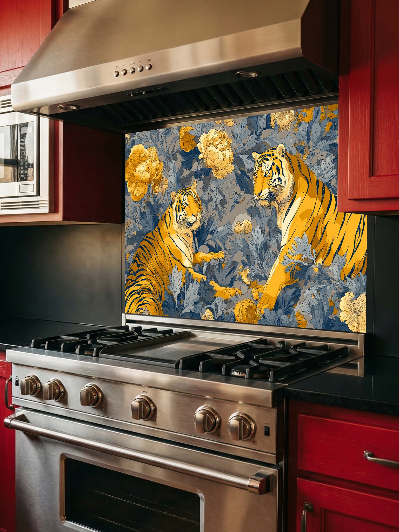Vintage Chinoiserie style illustration of two majestic tigers among golden yellow peonies and deep blue botanical foliage, UV printed on a smooth tempered glass kitchen backsplash.