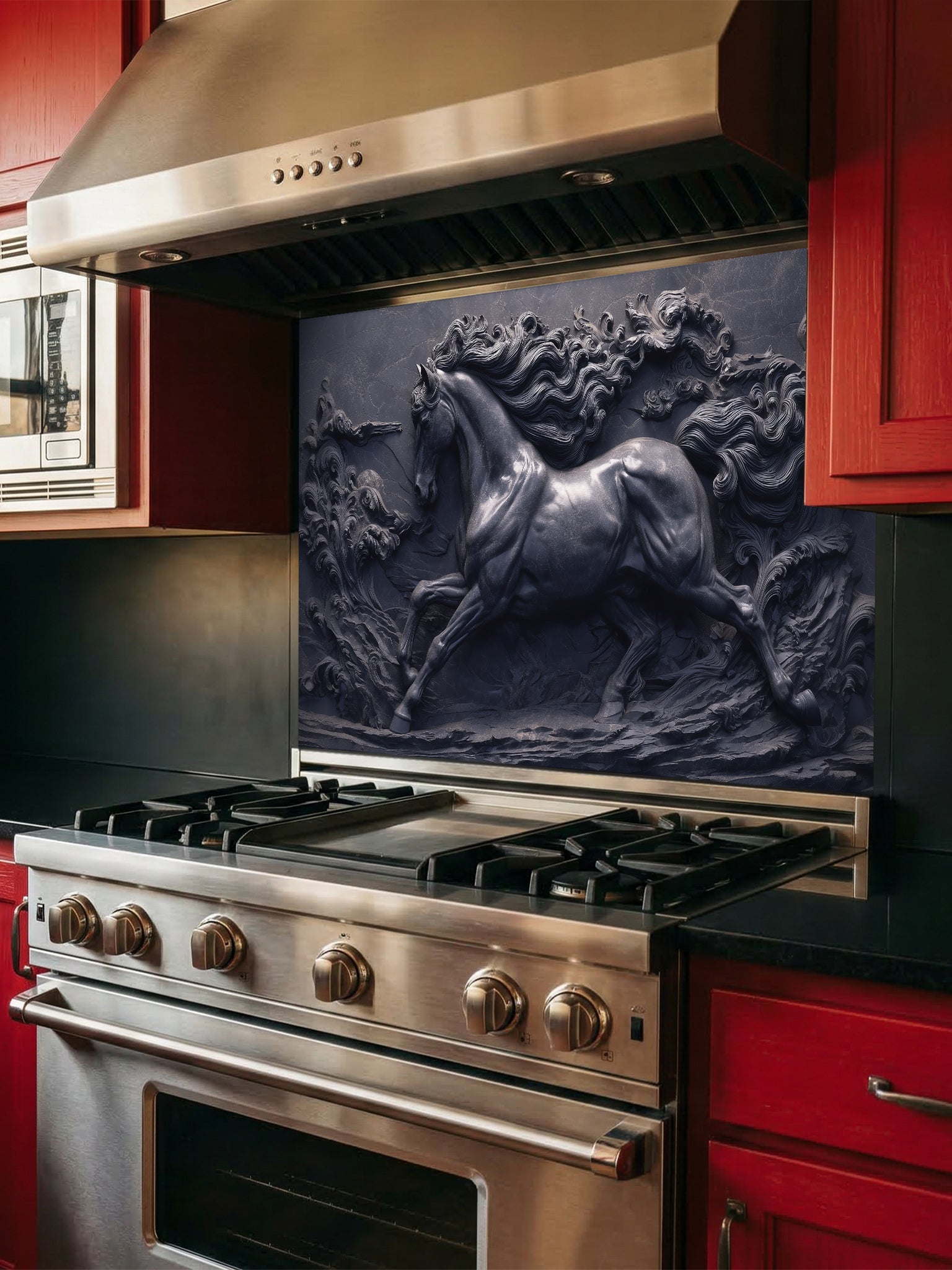 Faux 3D sculpted dark slate and black cast iron relief of a majestic galloping horse through swirling waves, UV printed on a smooth tempered glass kitchen backsplash.