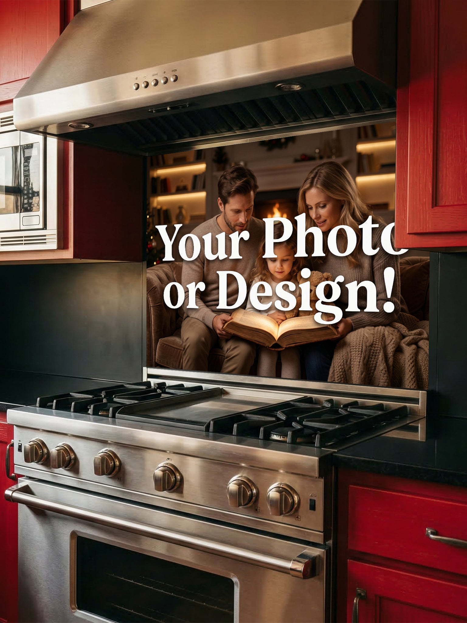 Tempered glass kitchen backsplash showcasing a custom 'Your Photo or Design' mockup featuring a family reading by a fireplace, installed behind a modern stainless steel stove.
