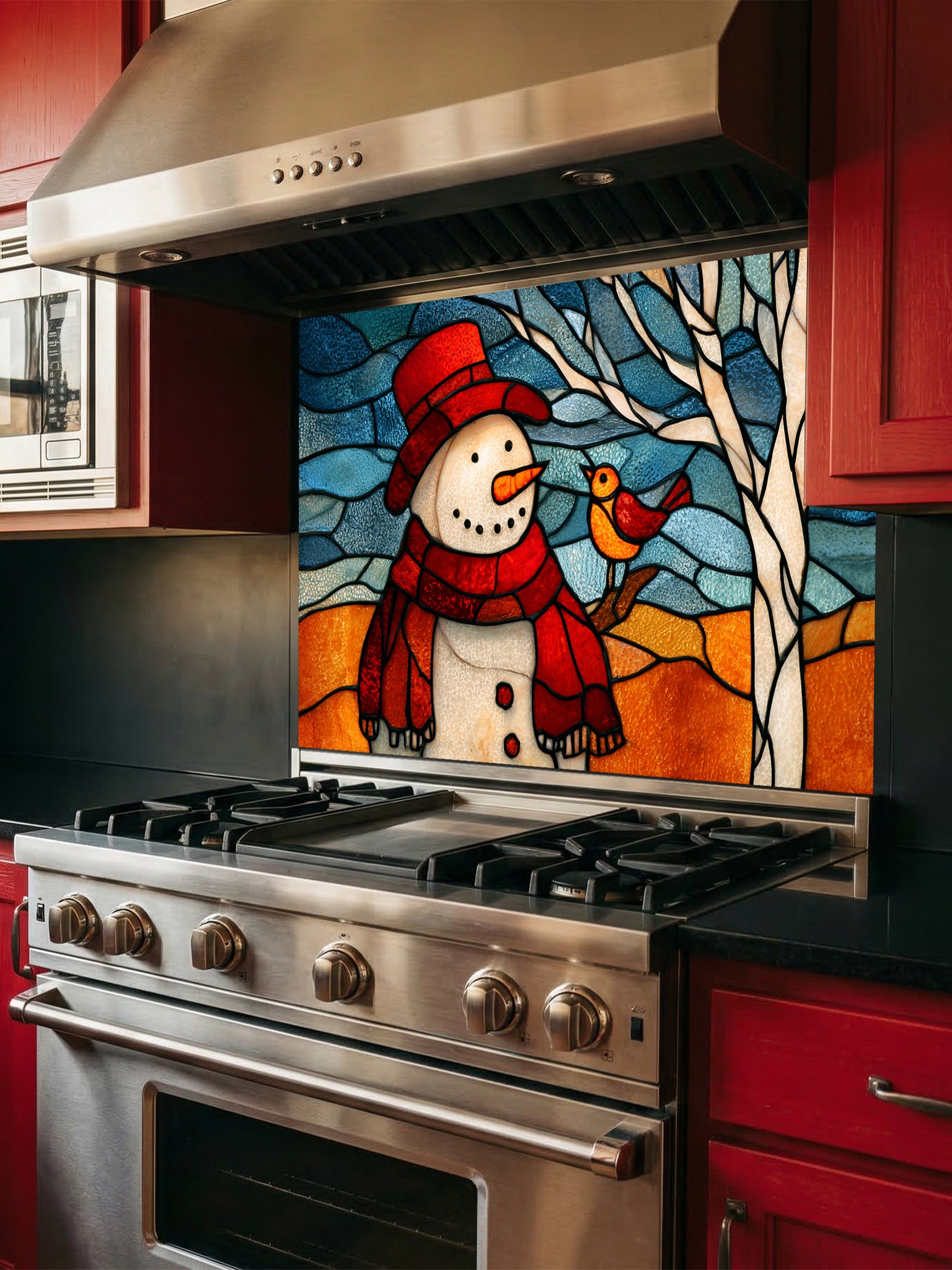 Tempered glass kitchen backsplash featuring a highly realistic 3D illusion of stained glass art showing a cheerful snowman in a red hat and a cute little bird perched on a winter tree against a frosty blue and amber background, installed behind a modern black stove.