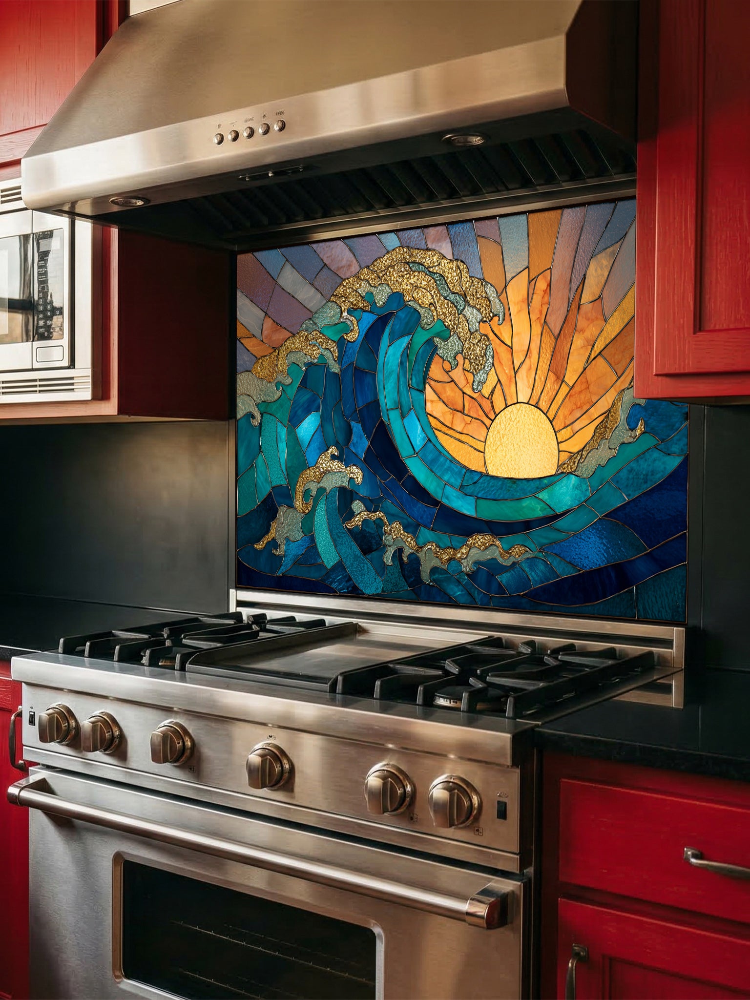 Stained glass style crashing ocean wave and vibrant golden sunrise, UV printed on a smooth tempered glass kitchen backsplash, installed behind a modern stove.