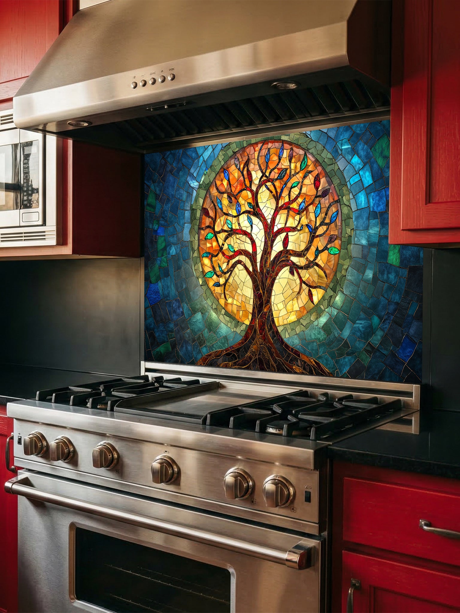 Stained glass mosaic style Tree of Life with vibrant blue, teal, and glowing amber colors, UV printed on a smooth tempered glass kitchen backsplash, installed behind a modern stove.