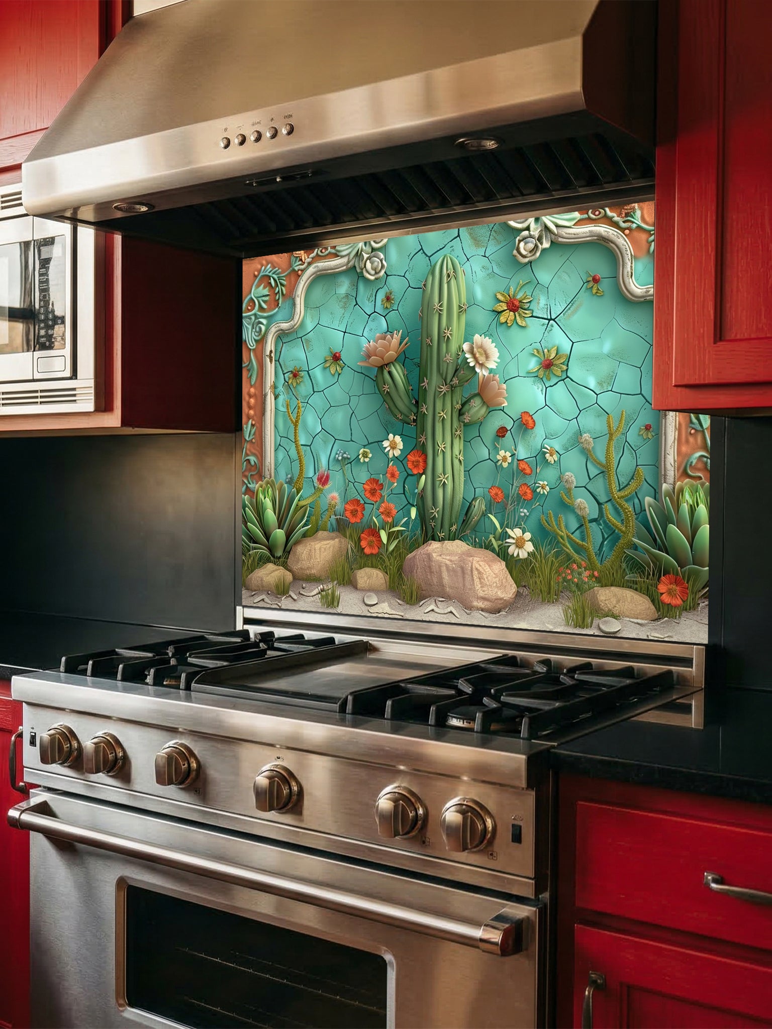 Faux 3D sculpted relief of a desert scene with a Saguaro cactus, succulents, and a terracotta frame against a cracked turquoise ceramic background, UV printed on a smooth tempered glass kitchen backsplash.