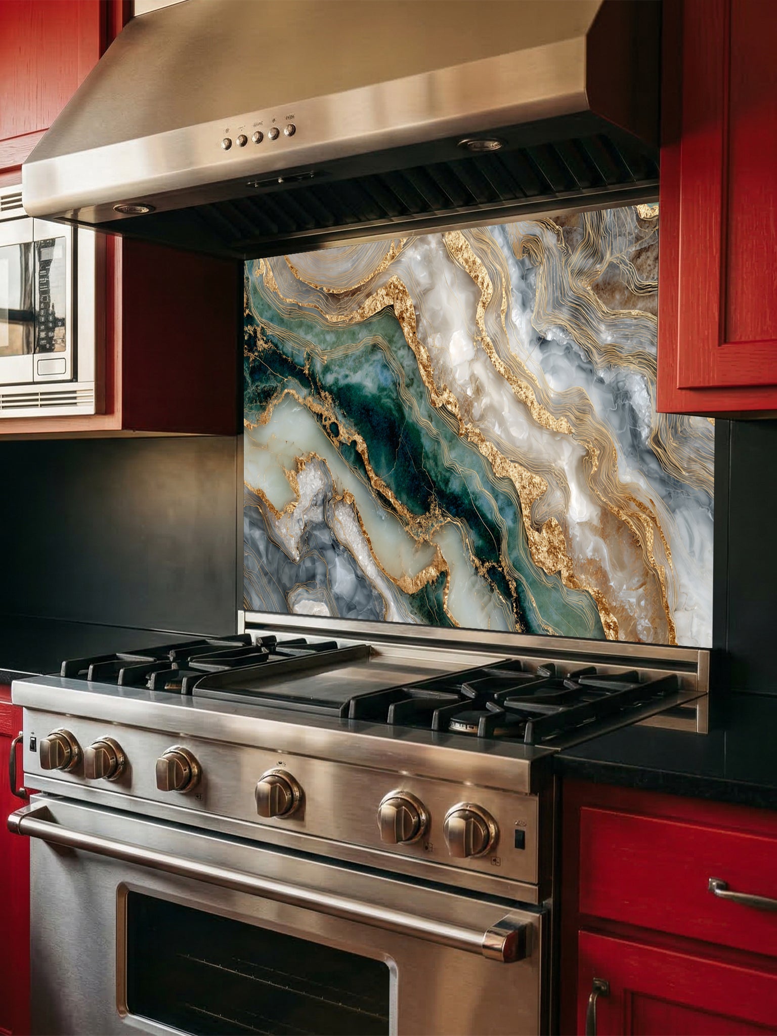 Faux fluid art epoxy resin pattern featuring deep malachite green, white, and striking 3D-looking liquid gold Kintsugi veins, UV printed on a smooth tempered glass kitchen backsplash.