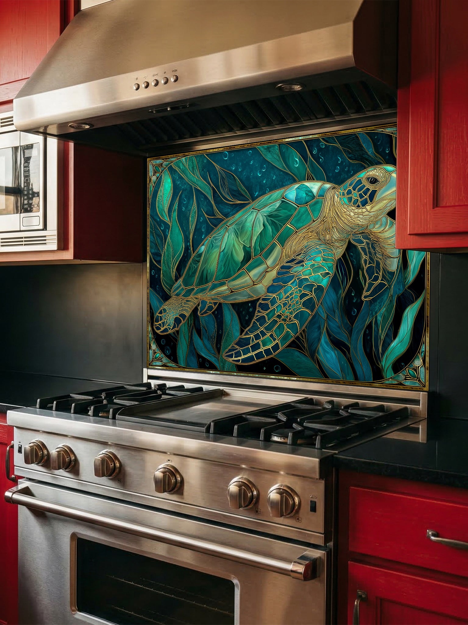 Tempered glass kitchen backsplash featuring a highly realistic 3D illusion of Art Nouveau stained glass showing a graceful sea turtle swimming among flowing teal and emerald underwater botanicals outlined in gold, installed behind a modern stainless steel stove.