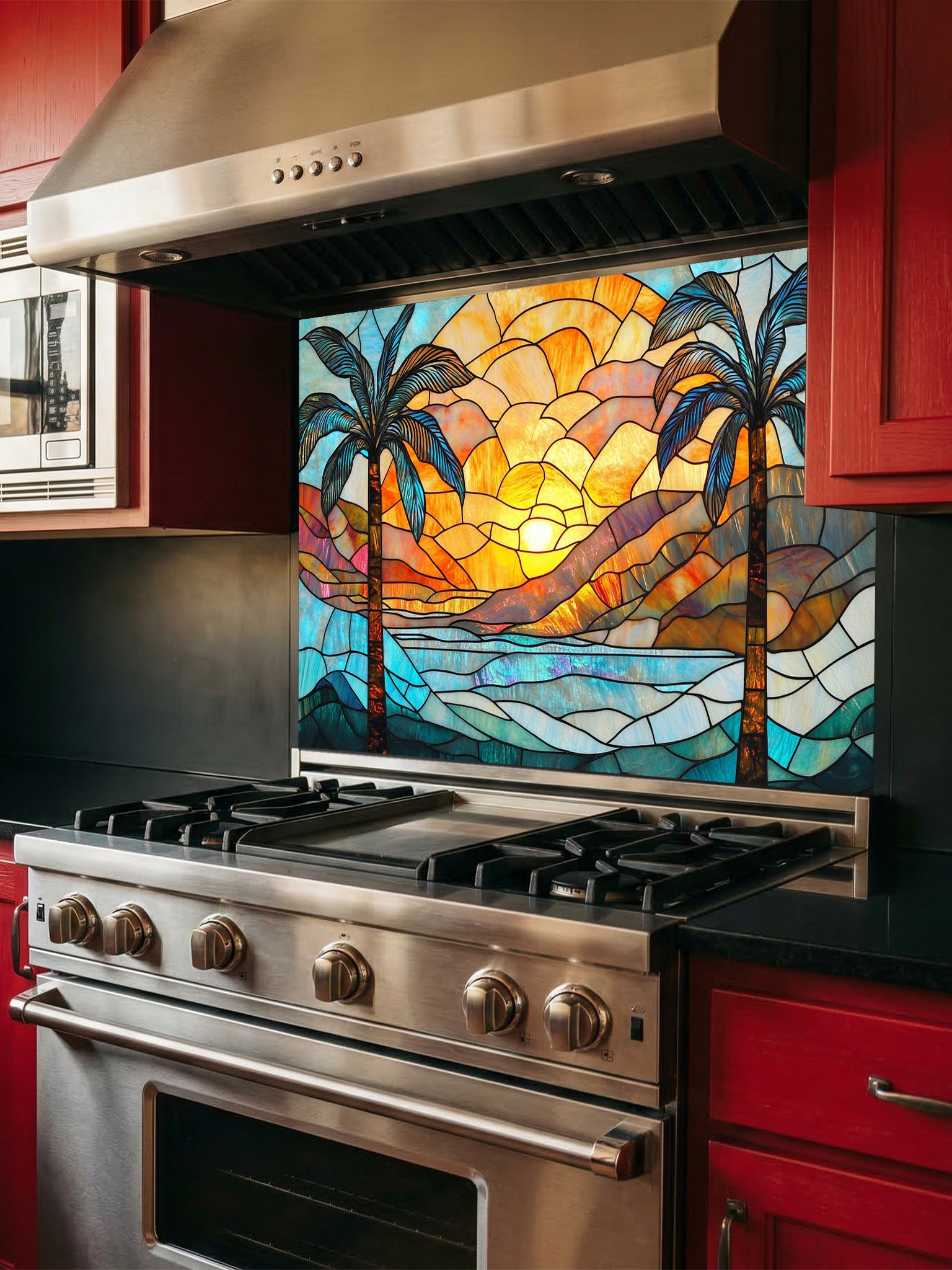 Stained glass style tropical beach sunset with two palm trees, ocean waves, and vibrant orange and blue sky, UV printed on a smooth tempered glass kitchen backsplash, installed behind a modern stove.