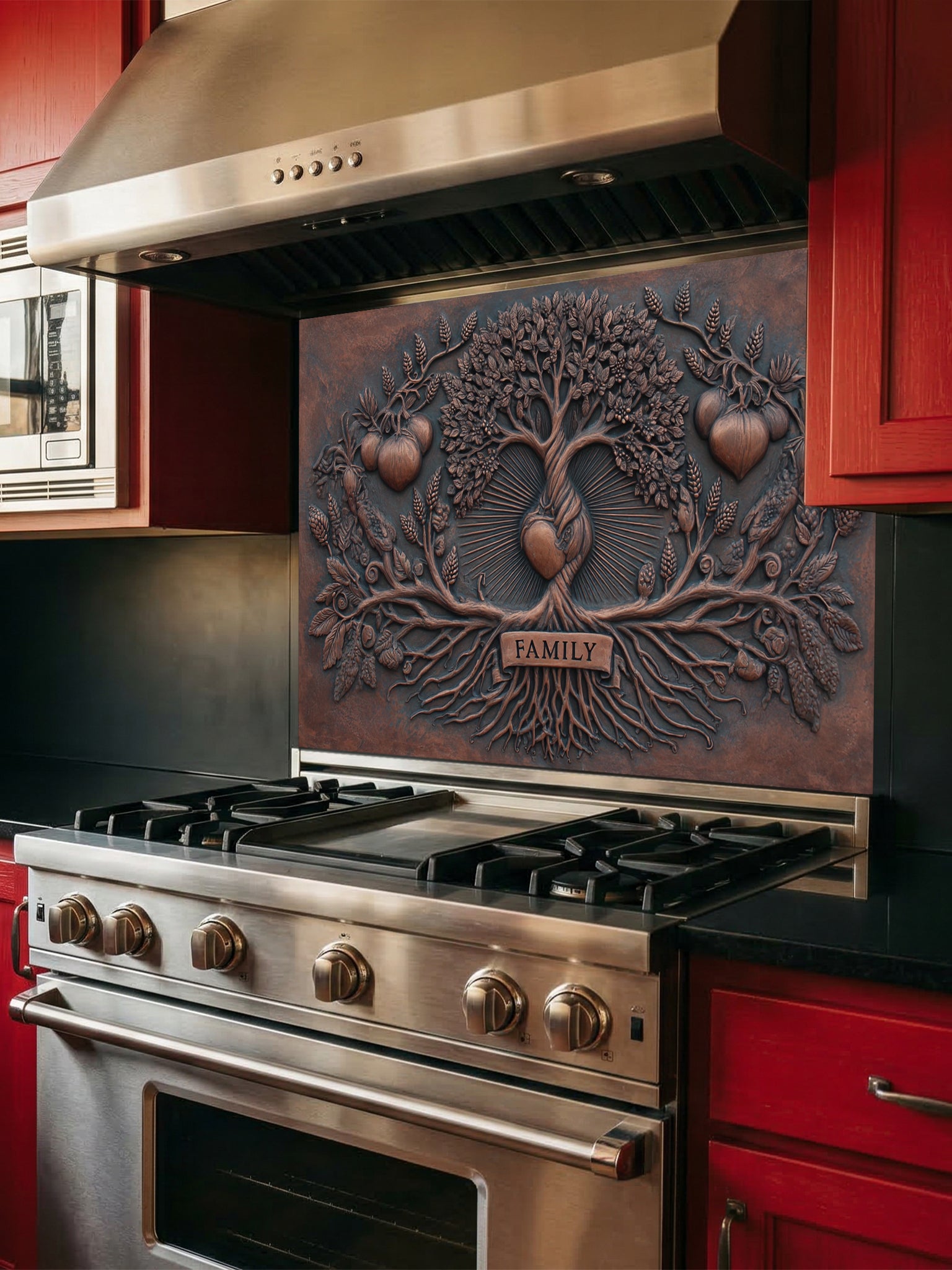Faux 3D sculpted iron and copper relief of a family tree with a central radiating heart and a single 'FAMILY' banner over the roots, UV printed on a smooth tempered glass kitchen backsplash.