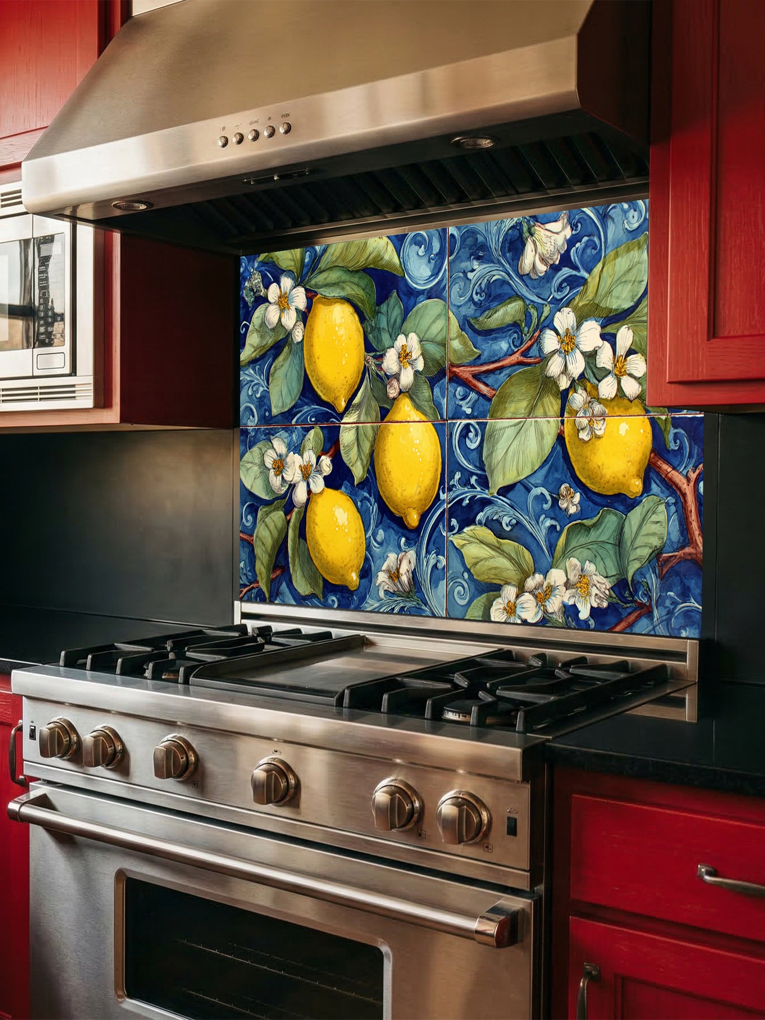 Tempered glass kitchen backsplash featuring a highly realistic illusion of a large four-panel traditional hand-painted Italian Majolica ceramic tile mural, showcasing bright yellow lemons and white blossoms against a deep cobalt blue background with intricate scrollwork, installed behind a modern black stove.