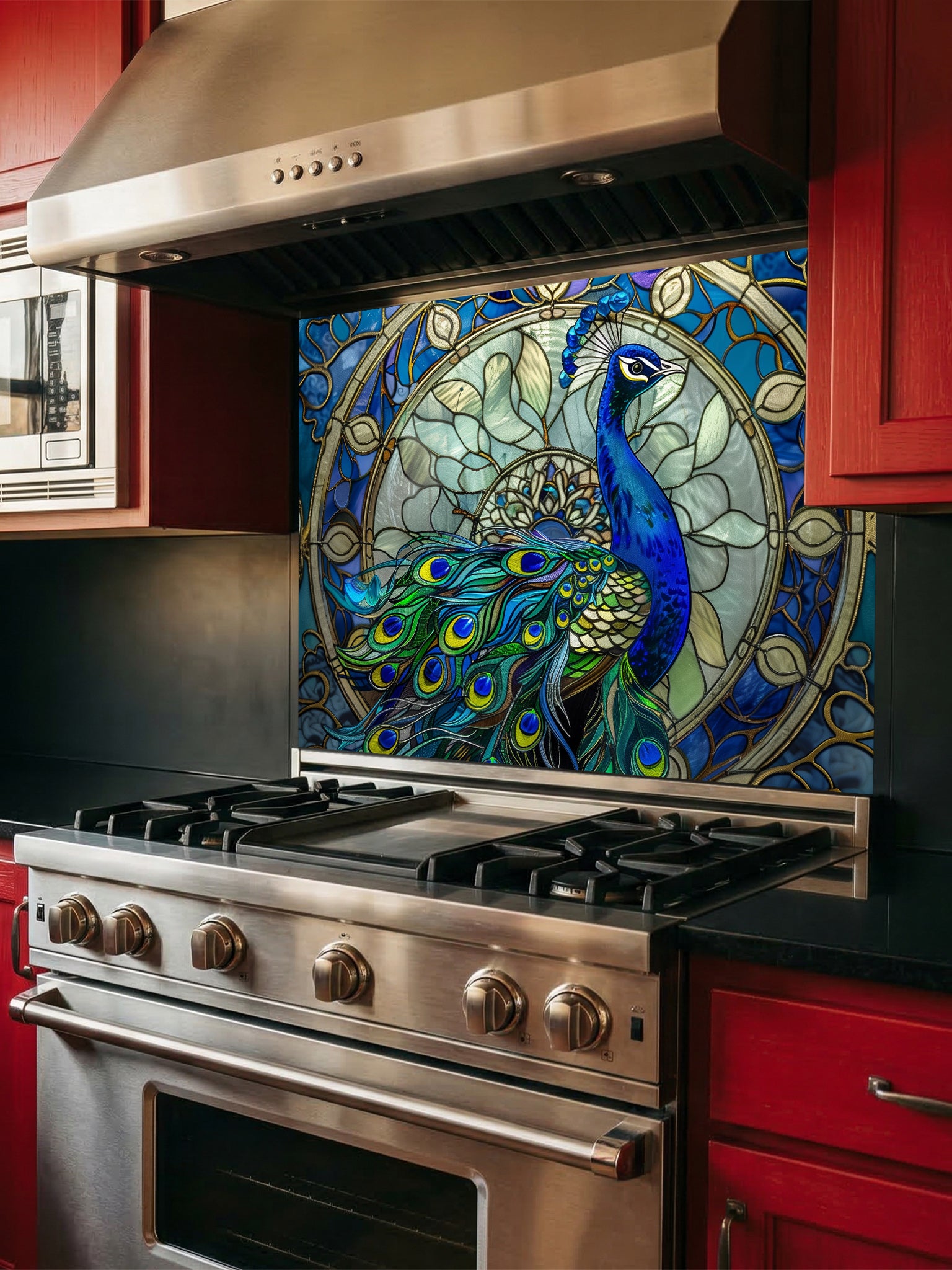 Tempered glass kitchen backsplash featuring a highly realistic 3D illusion of Art Nouveau stained glass showing a majestic royal blue peacock against an intricate circular mandala background with gold outlines, installed behind a modern stainless steel stove.