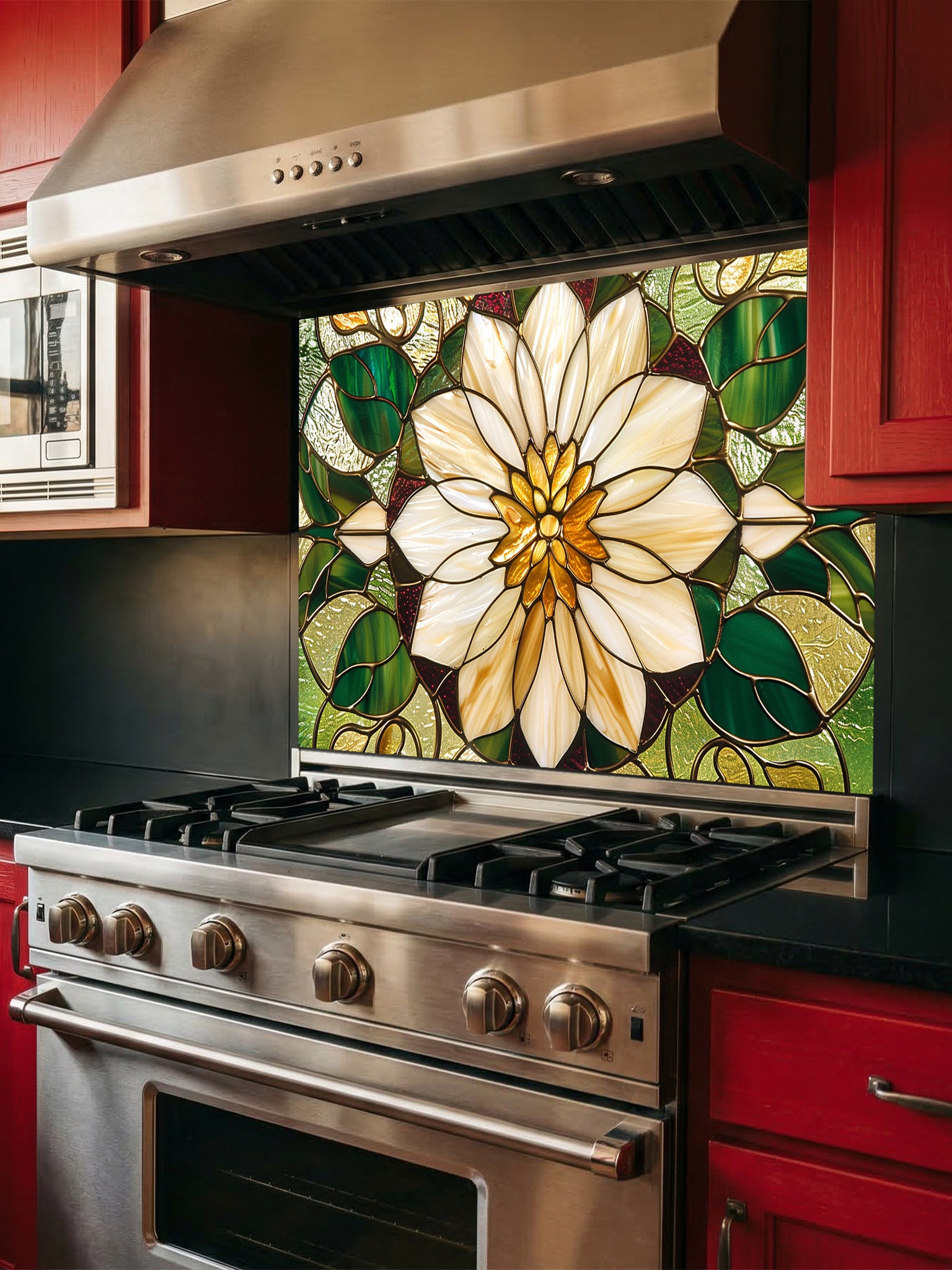 Stained glass style large white flower and rich green leaves UV printed on a smooth tempered glass kitchen backsplash, installed behind a modern stove.