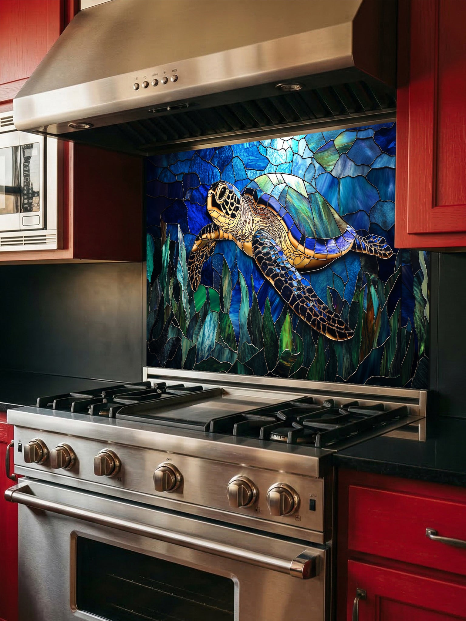 Tempered glass kitchen backsplash featuring a vibrant faux stained glass design of a graceful sea turtle swimming against a luminous blue sunlit ocean and cracked mosaic background, installed behind a modern stainless steel stove.