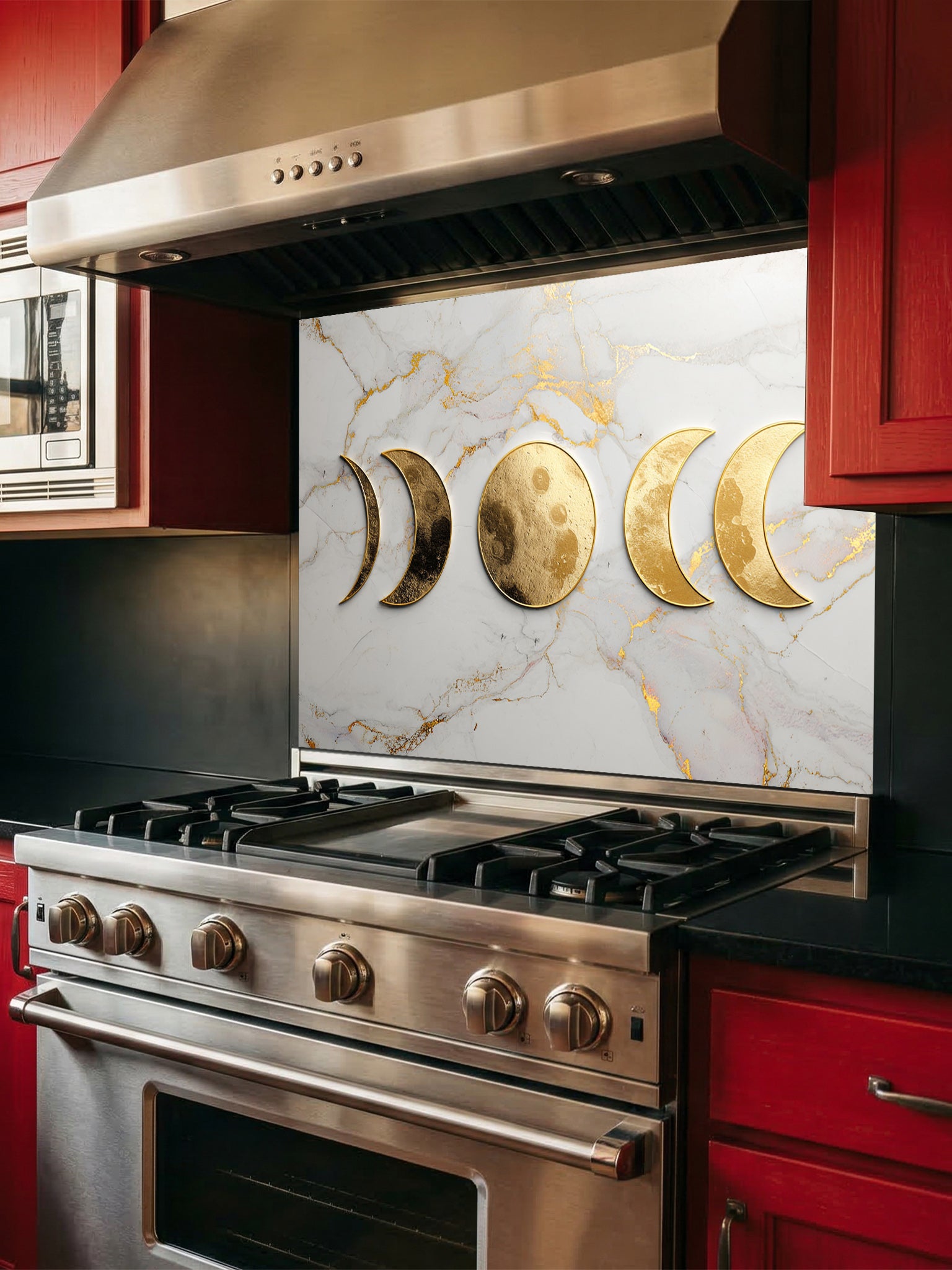 Faux 3D effect textured metallic gold moon phases on an elegant white and gold veined marble background, UV printed on a smooth tempered glass kitchen backsplash, installed behind a modern stove.