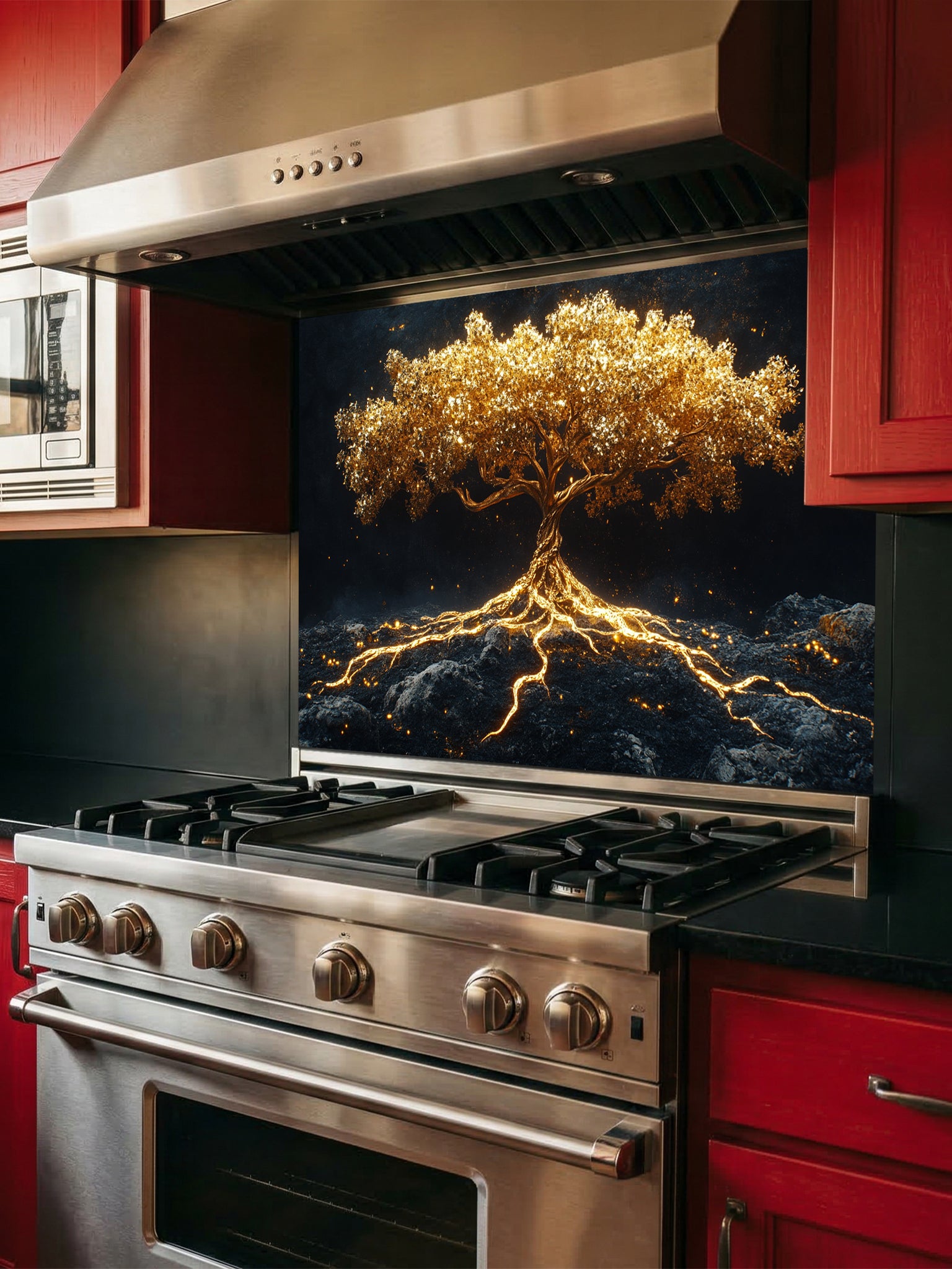 Faux glowing golden tree of life with illuminated roots on a dark mystical background, UV printed on a smooth tempered glass kitchen backsplash.