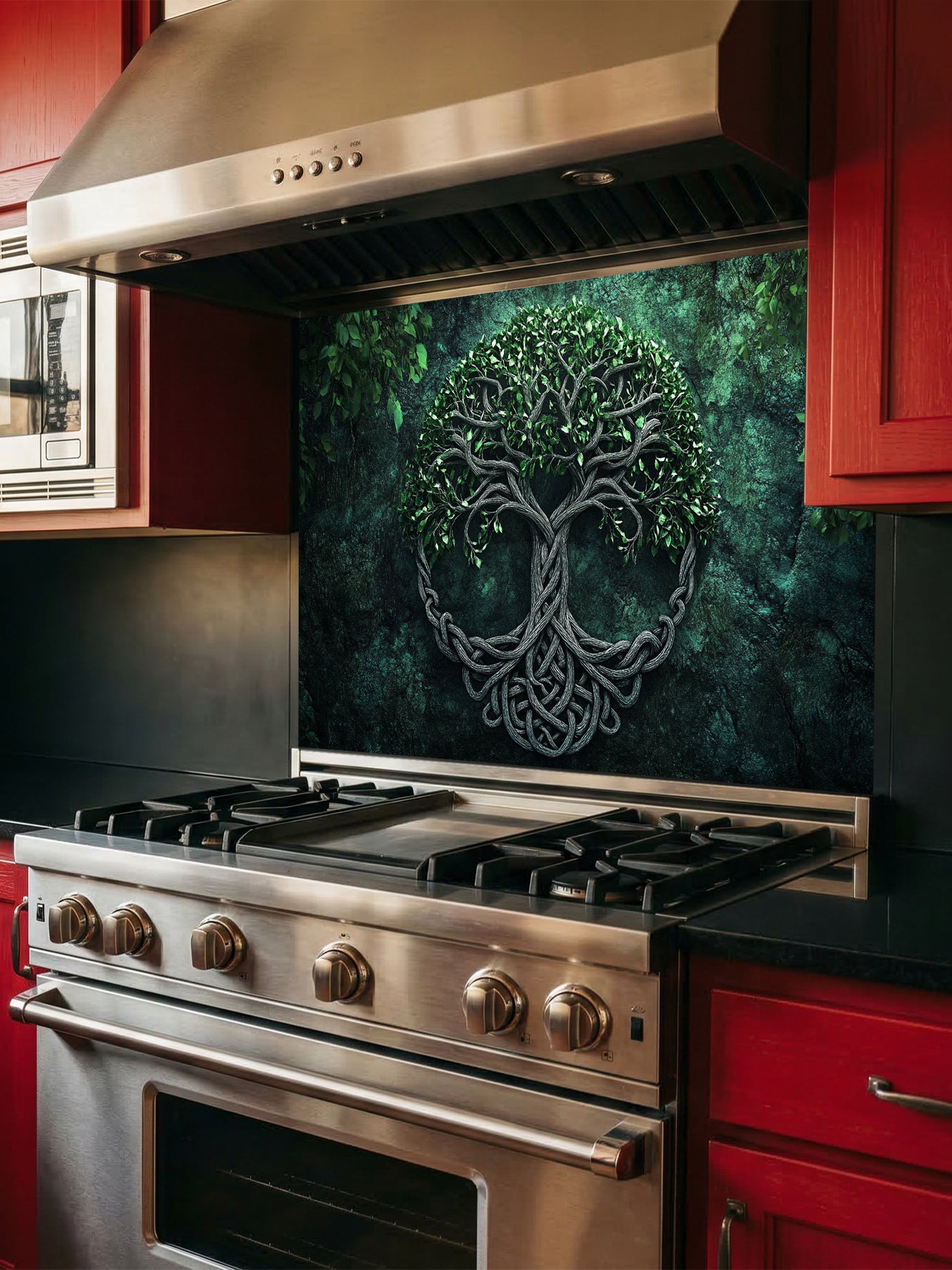 Tempered glass kitchen backsplash featuring a highly realistic 3D illusion of an ancient carved Celtic Tree of Life (Yggdrasil) with intricate knotwork roots and lush green leaves against a dark, moody forest green background, installed behind a modern black stove.