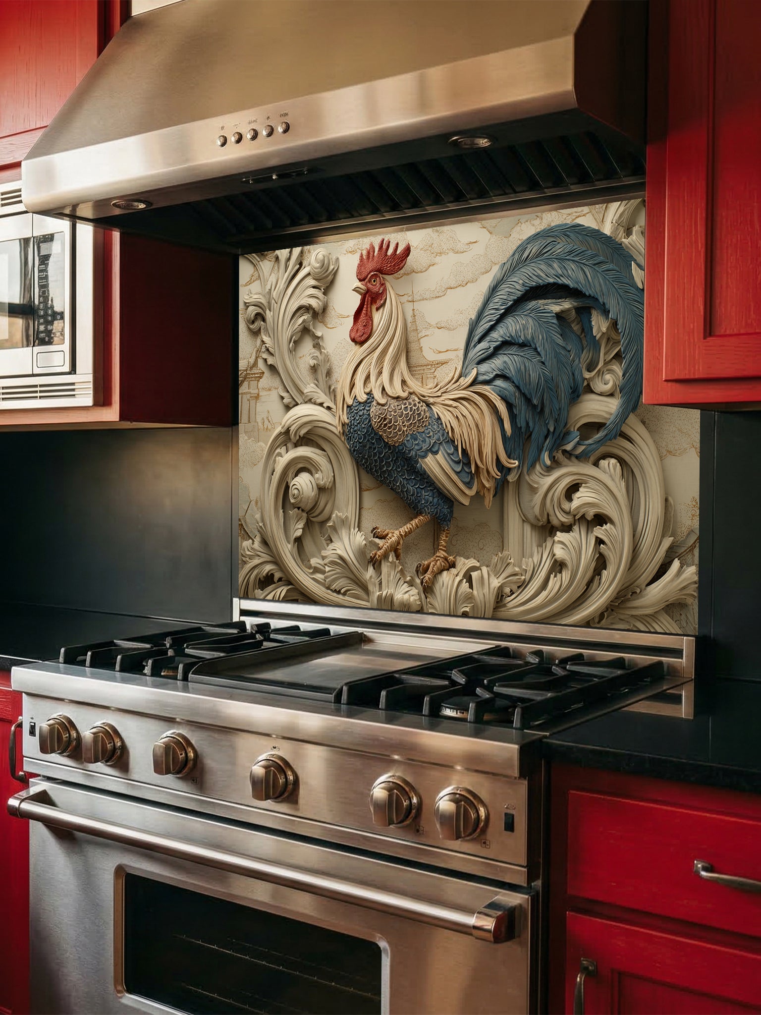 Tempered glass kitchen backsplash featuring a highly realistic 3D illusion of an intricately carved bas-relief sculpture showing a proud rooster with slate blue and gold feathers surrounded by ornate, flowing creamy beige baroque acanthus swirls, installed behind a modern black stove.