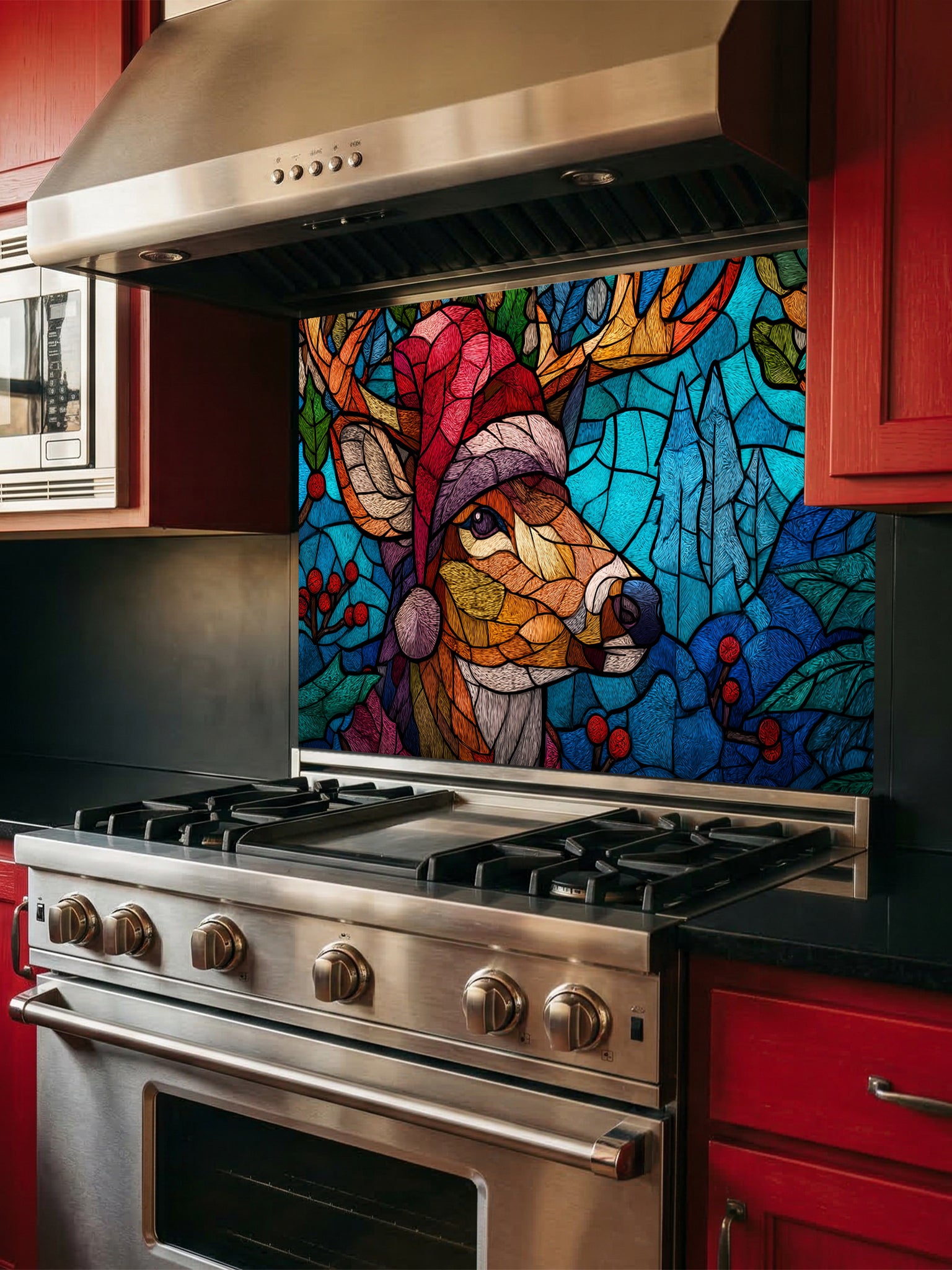 Tempered glass kitchen backsplash featuring a highly realistic 3D illusion of stained glass and mosaic art showing a festive reindeer wearing a red Santa hat in a frosty blue winter forest with holly berries, installed behind a modern black stove.