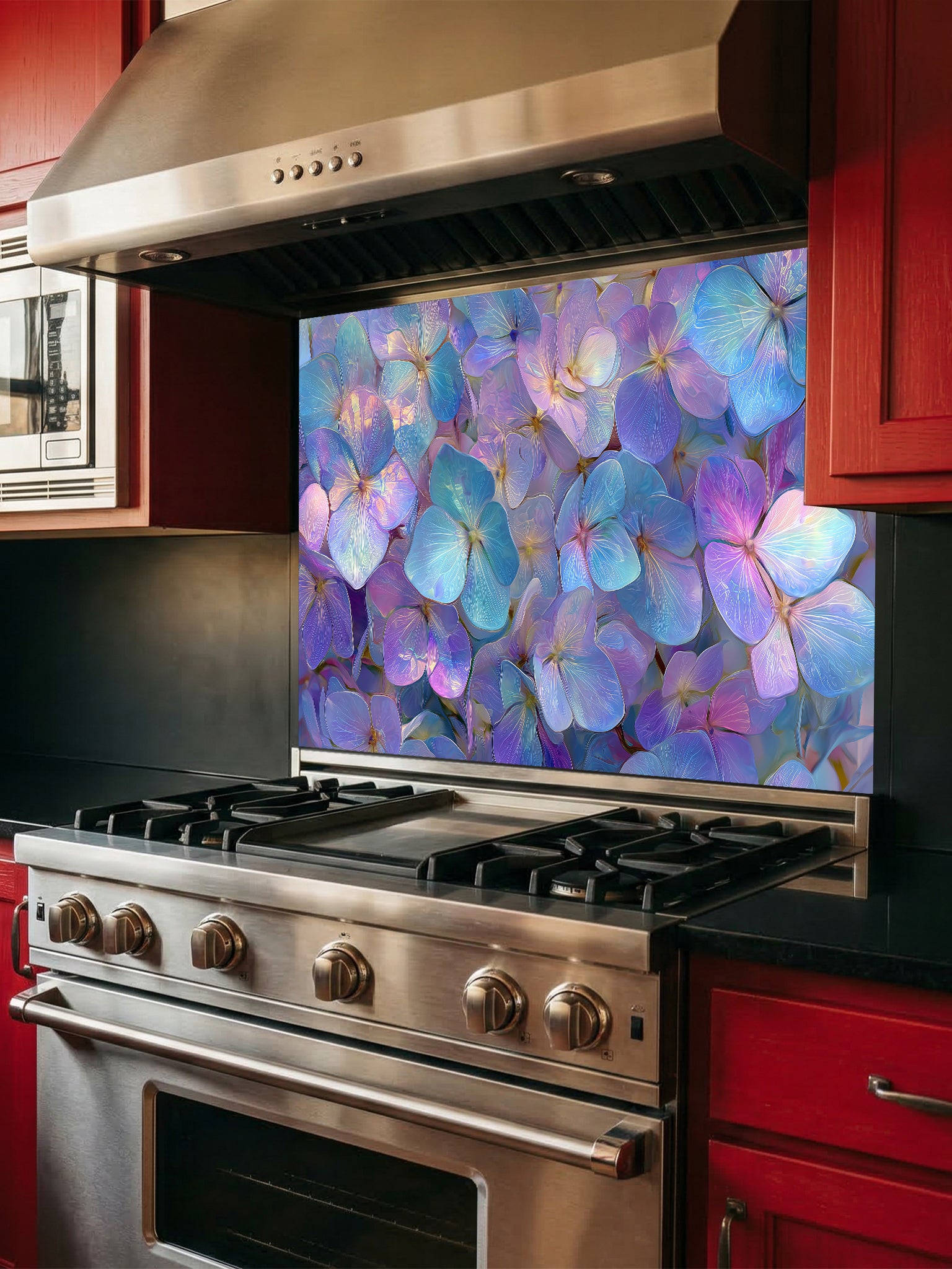 Ethereal iridescent floral pattern featuring glowing purple, blue, and pink flower petals, UV printed on a smooth tempered glass kitchen backsplash, installed behind a modern stove.