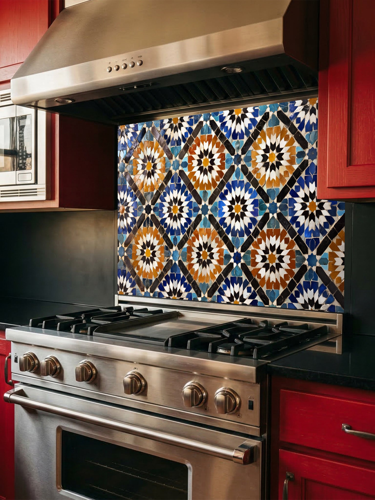 Stainless steel oven with a colorful geometric patterned backsplash in a kitchen setting.