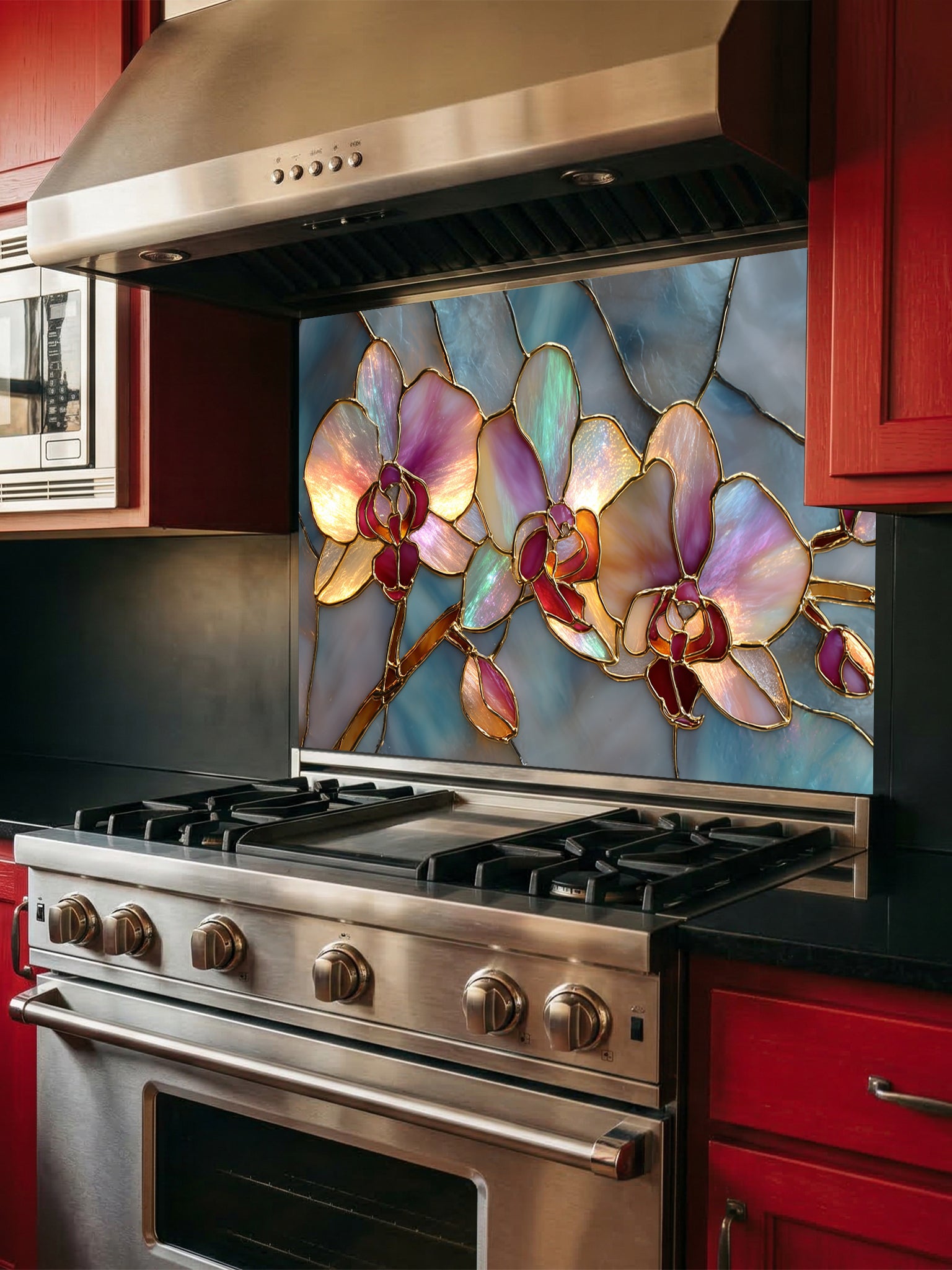 Faux stained glass pattern featuring glowing pink and magenta orchids with gold outlines against a swirling teal and blue mosaic background, UV printed on a smooth tempered glass kitchen backsplash.
