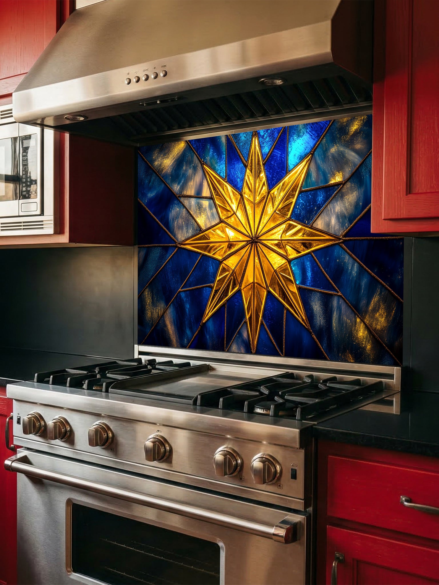 Tempered glass kitchen backsplash featuring a highly realistic 3D illusion of stained glass art showing a brilliant, glowing golden starburst or compass rose radiating against a deep sapphire blue background with faux gold lead lines, installed behind a modern stainless steel stove.