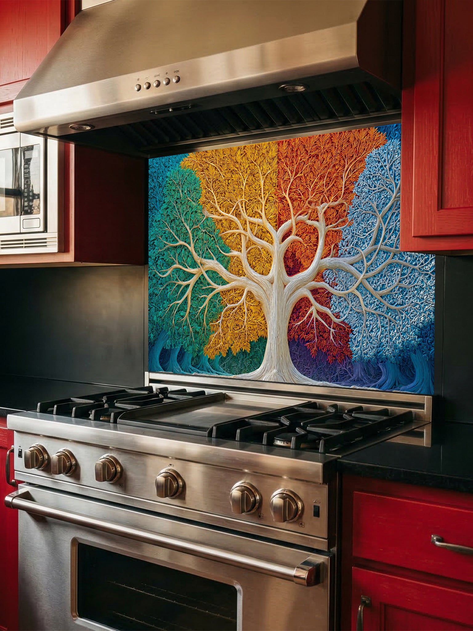 Faux 3D relief art of a Tree of Life with intricately textured leaves divided into four vibrant colors representing the four seasons, UV printed on a smooth tempered glass kitchen backsplash.
