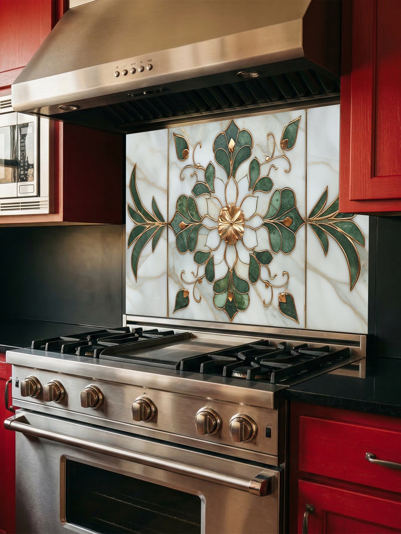 Stainless steel stove with decorative glass backsplash in a kitchen setting