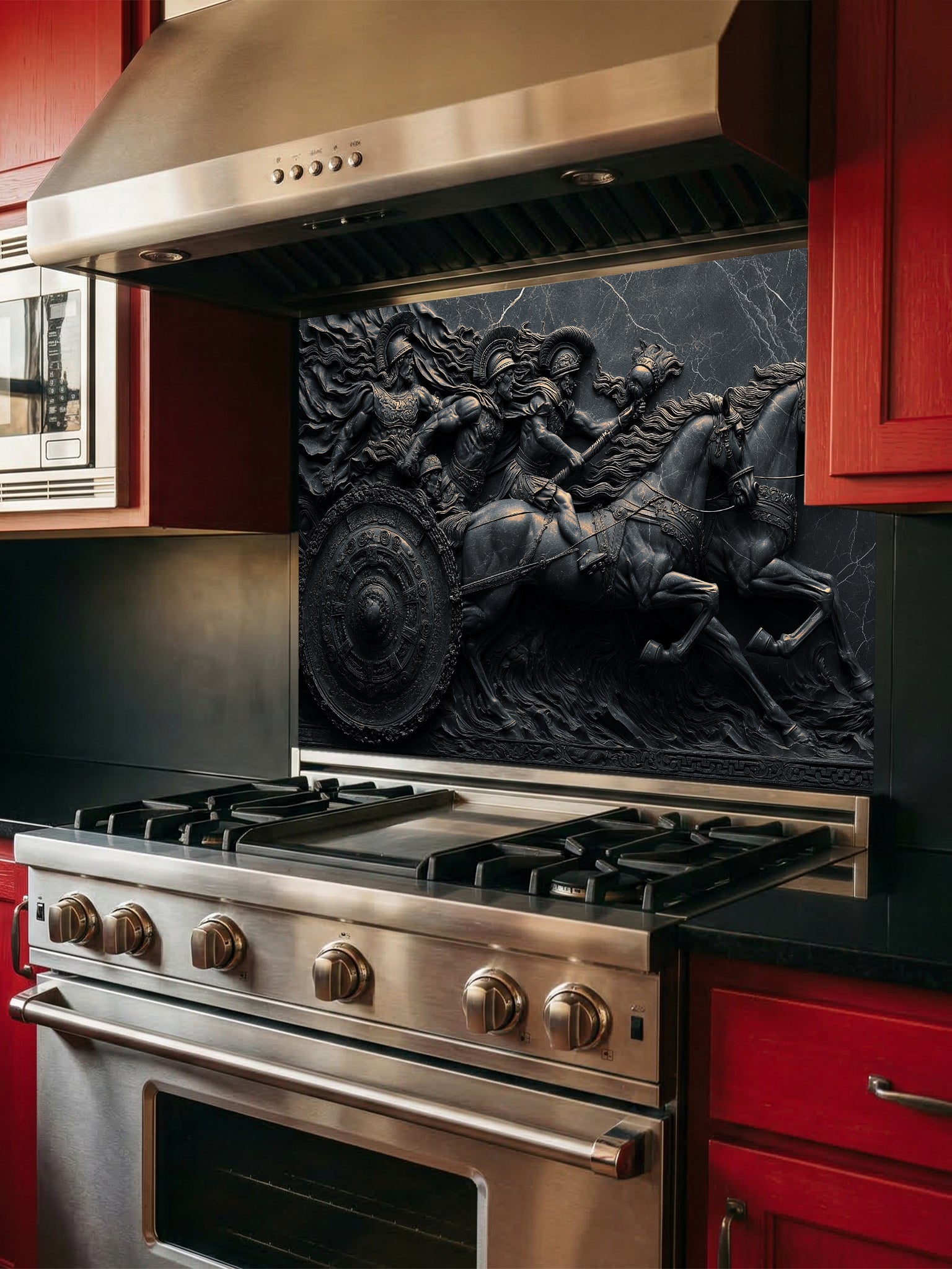 Faux 3D effect dark stone relief carving of a Roman chariot and warriors, UV printed on a smooth tempered glass kitchen backsplash, installed behind a modern stove.