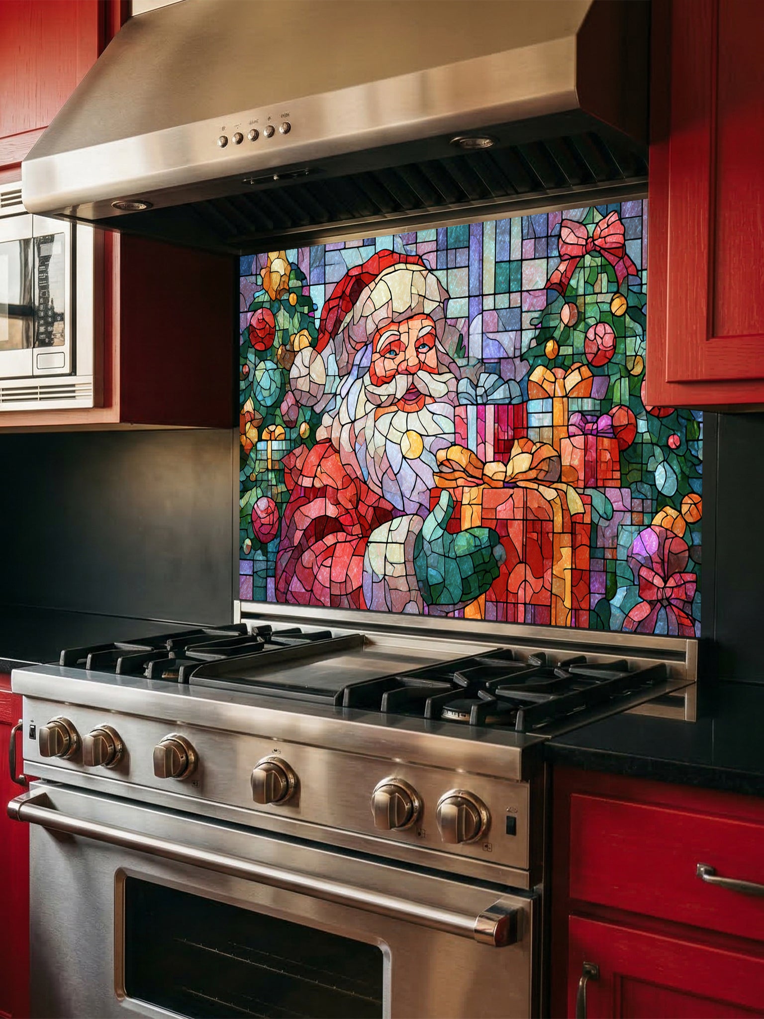 Tempered glass kitchen backsplash featuring a highly realistic 3D illusion of mosaic stained glass art showing a cheerful Santa Claus holding a wrapped gift, surrounded by green Christmas trees and colorful presents against a tiled blue and purple background, installed behind a modern black stove.