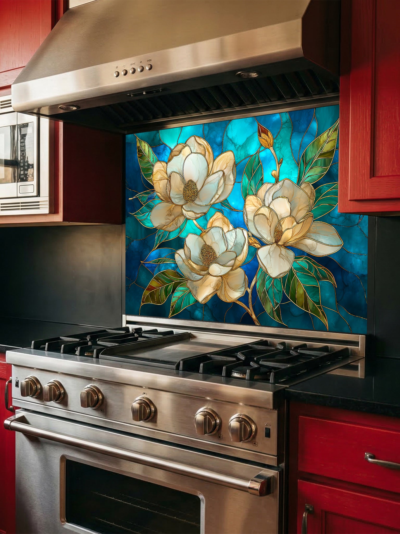 Tempered glass kitchen backsplash featuring a highly realistic 3D illusion of stained glass art showing elegant white magnolia blossoms with gold outlines against a swirling deep blue and teal background, installed behind a modern stainless steel stove.