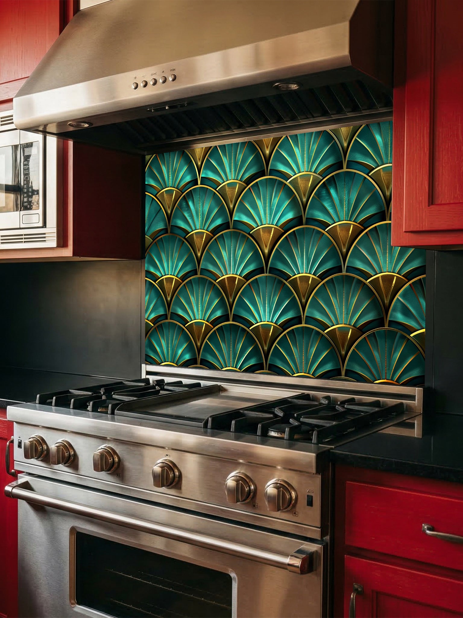 Tempered glass kitchen backsplash featuring a highly realistic 3D illusion of an Art Deco geometric scalloped fan pattern in luxurious teal and faux gold, installed behind a modern stainless steel stove.