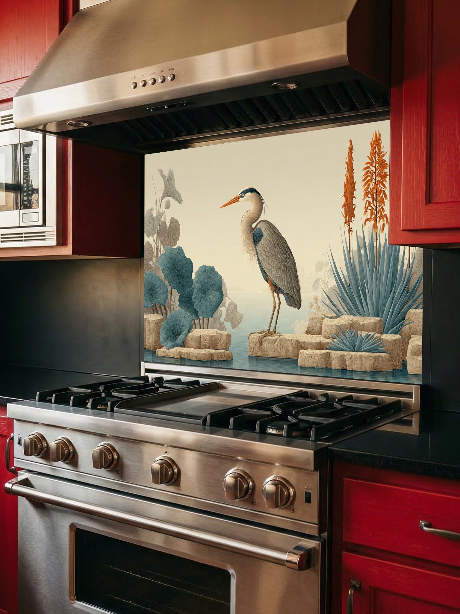 Tempered glass kitchen backsplash featuring a highly realistic illusion of a vintage naturalist illustration showing a serene blue heron standing on beige rocks among muted teal lotus leaves and tall orange exotic flowers against a soft cream background, installed behind a modern black stove.
