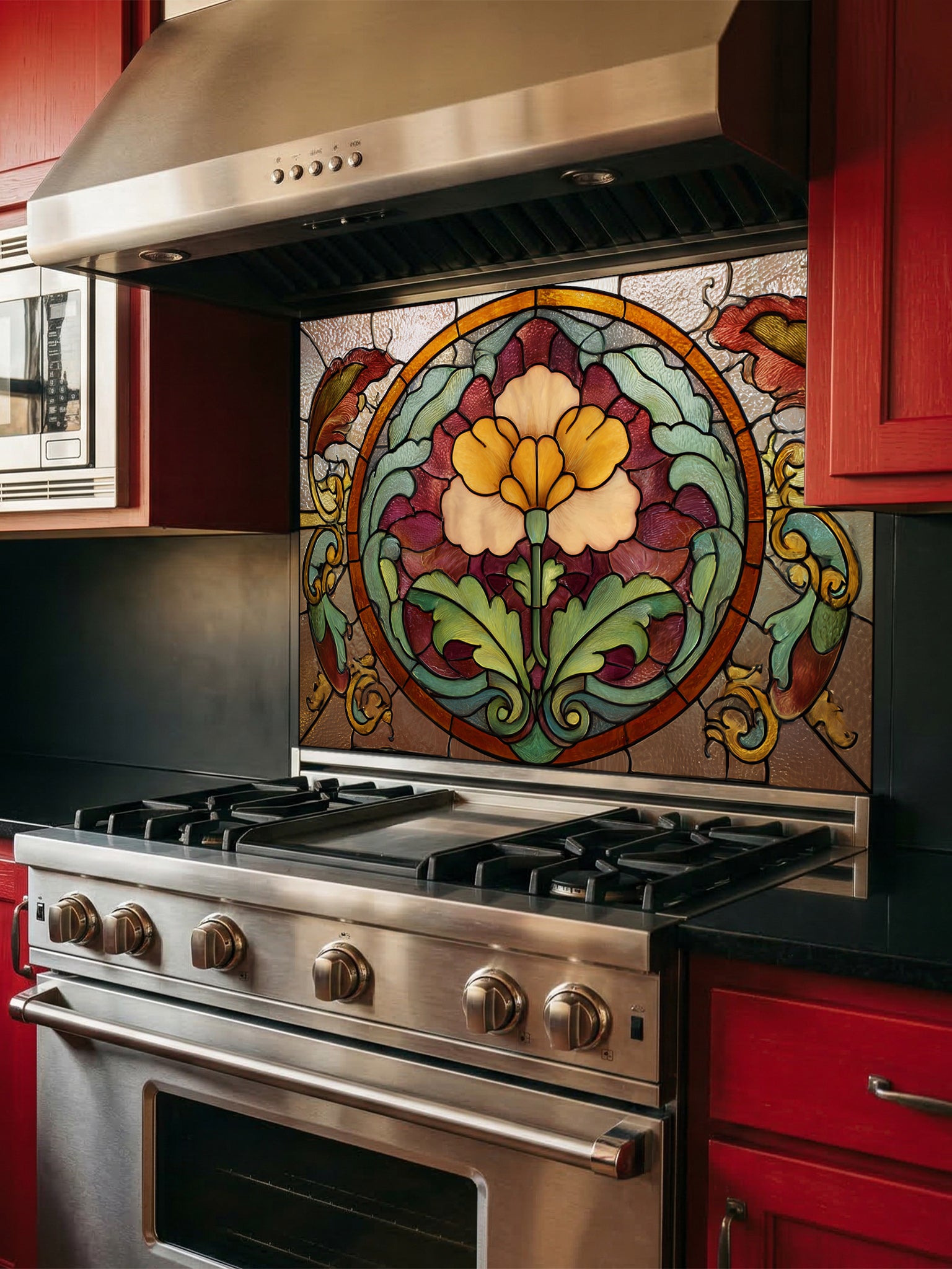 Stained glass style vintage floral medallion in warm amber, burgundy, and green tones, UV printed on a smooth tempered glass kitchen backsplash, installed behind a modern stove.