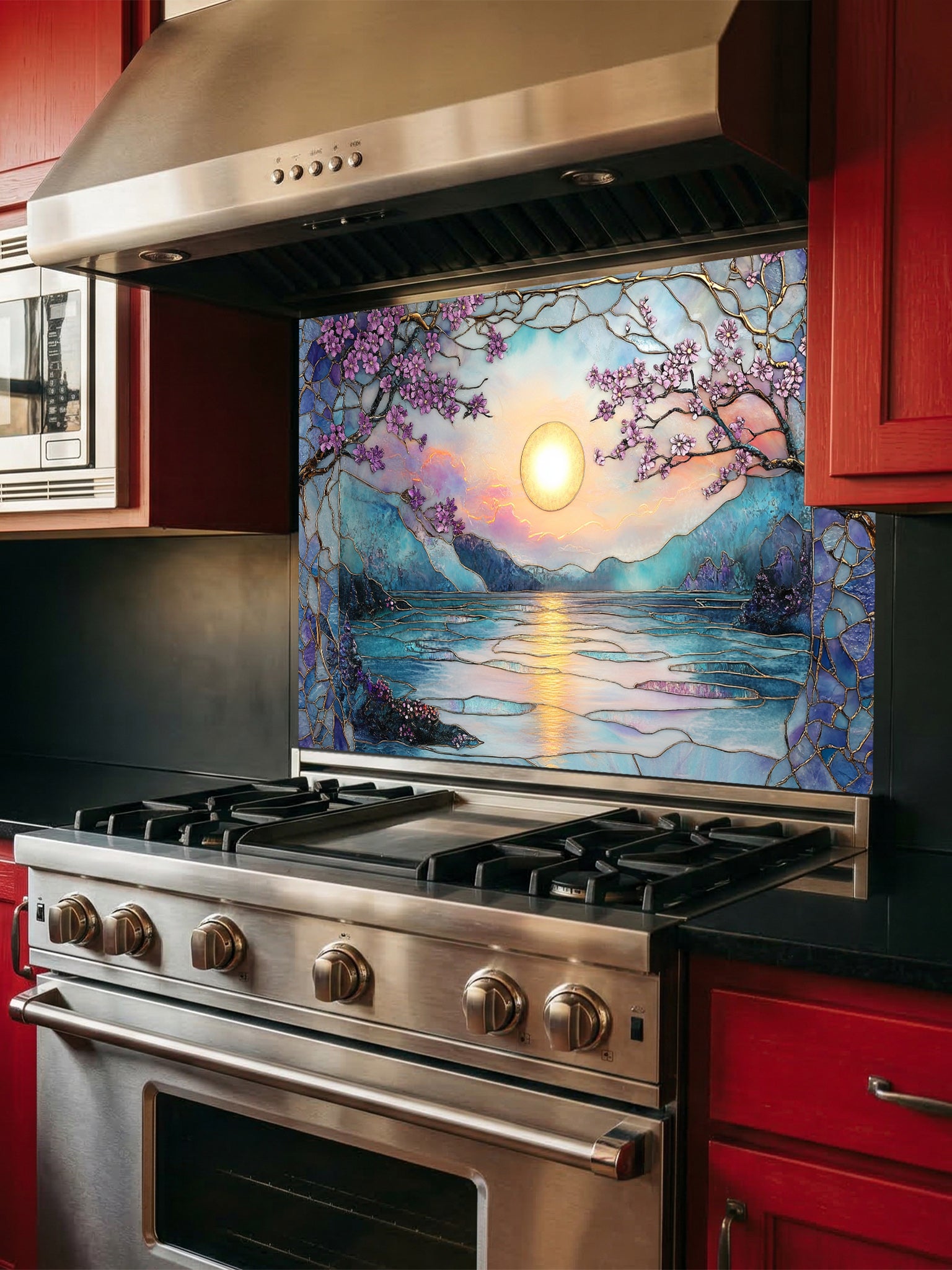 Stained glass style serene sunset over a lake with pink cherry blossoms and mountains, UV printed on a smooth tempered glass kitchen backsplash, installed behind a modern stove.