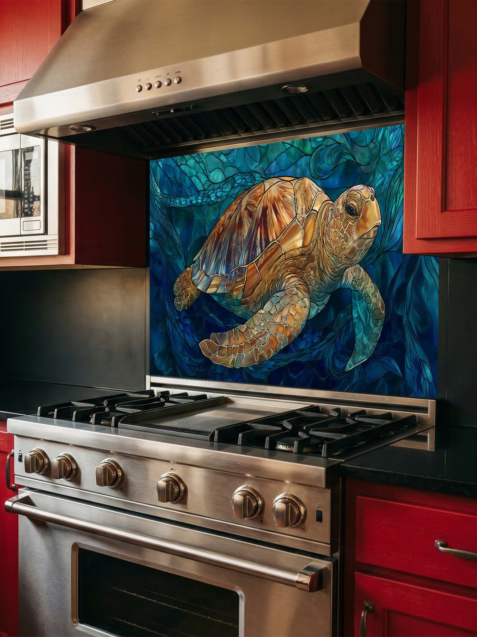 Tempered glass kitchen backsplash featuring a highly realistic 3D illusion of stained glass art showing a majestic sea turtle swimming through deep blue ocean flora and waves, installed behind a modern stainless steel stove.