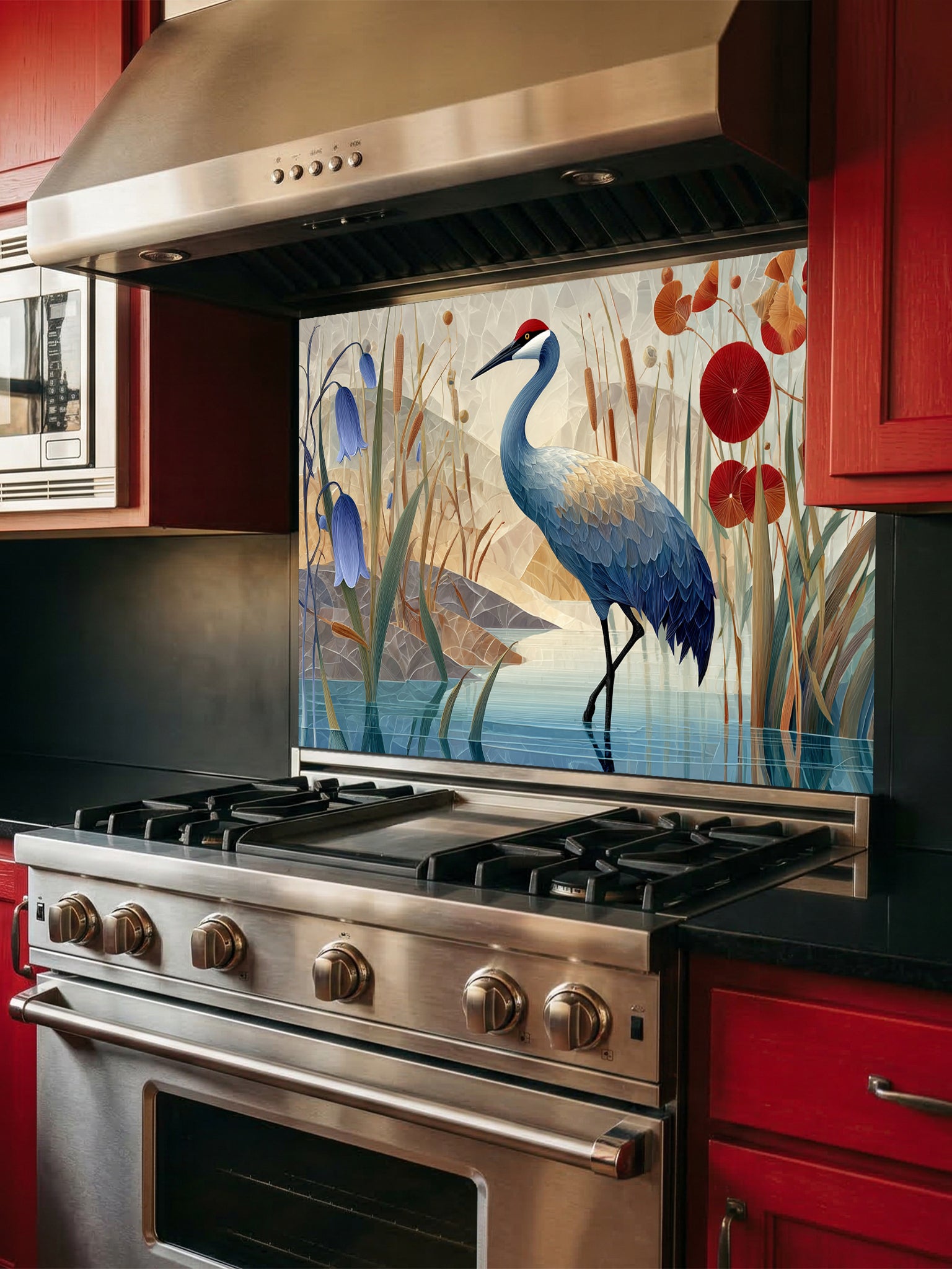 Tempered glass kitchen backsplash featuring a crisp, modern Japandi-style illustration of a majestic red-crowned crane standing in tranquil water among bluebell flowers and red botanical accents against a geometric beige mountain background, installed behind a modern black stove.