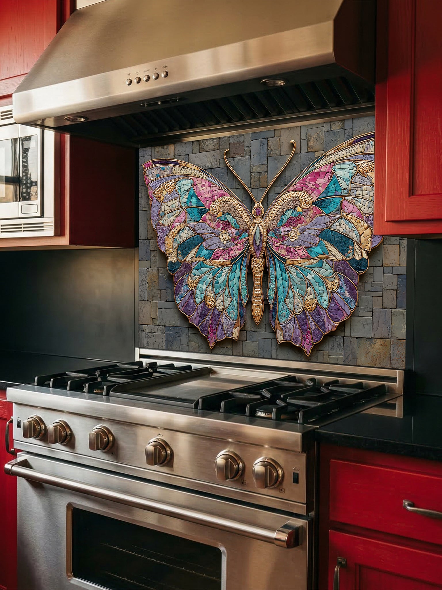 Tempered glass kitchen backsplash featuring a highly realistic 3D illusion of mixed-media art, showing a vibrant mosaic butterfly in jewel tones of teal, purple, and gold resting against a rugged, textured dark grey slate stone brick background, installed behind a modern black stove.