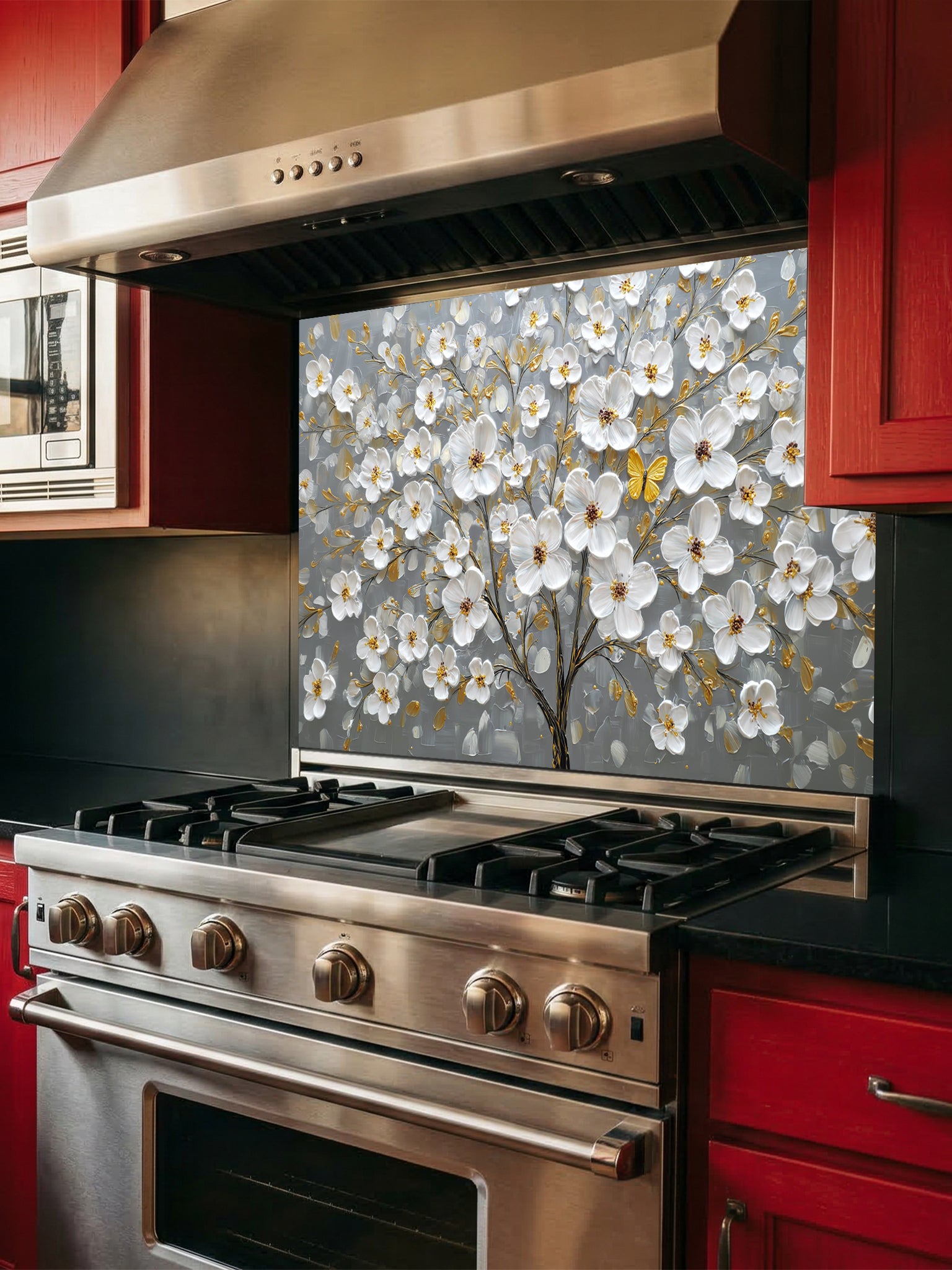 "Faux 3D impasto style painting of a white floral tree with golden accents and a yellow butterfly on a grey background, UV printed on a smooth tempered glass kitchen backsplash."