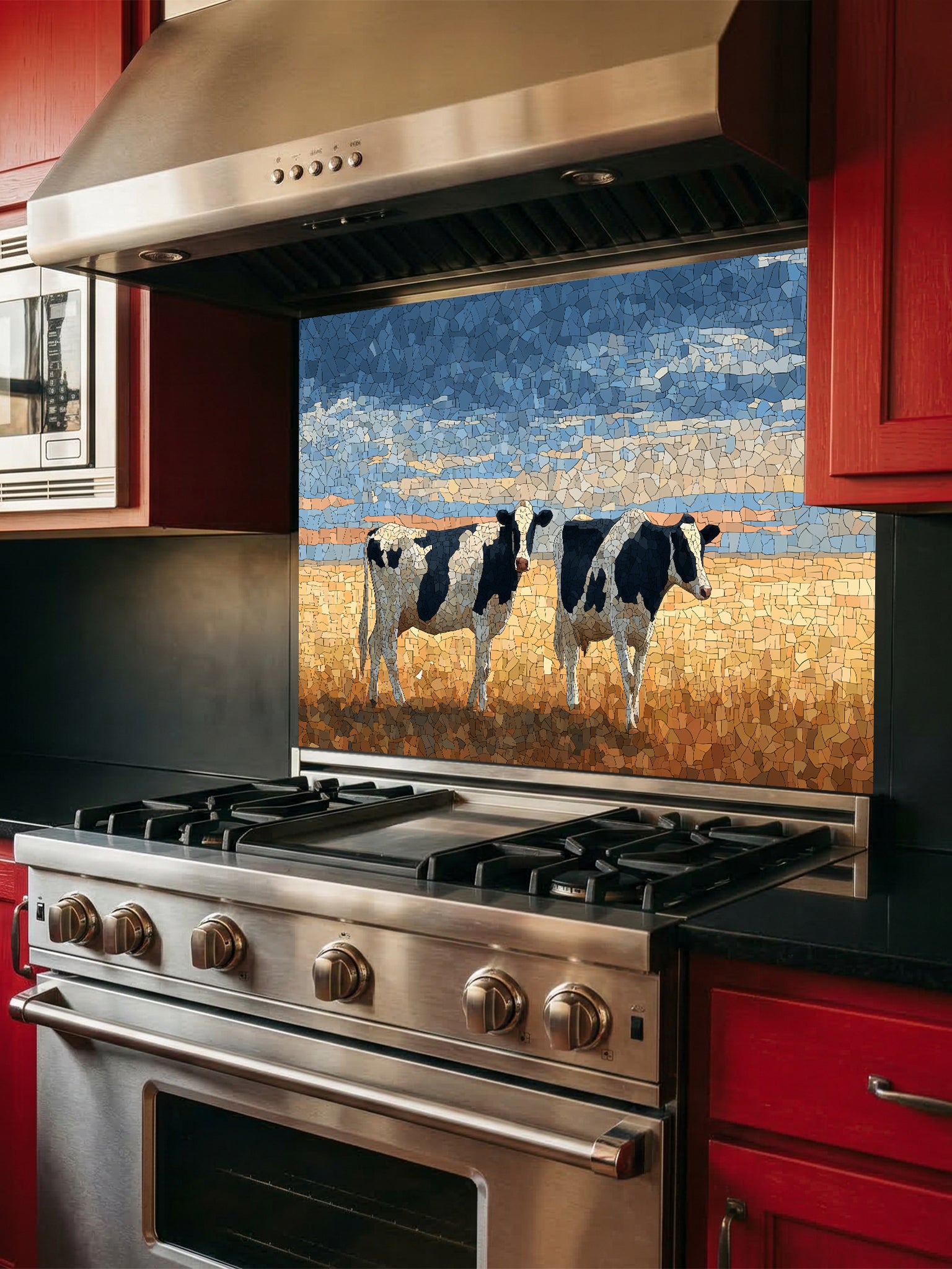 Faux mosaic tile art of black and white cows standing in a golden pasture under a blue sky, UV printed on a smooth tempered glass kitchen backsplash, installed behind a modern stove.