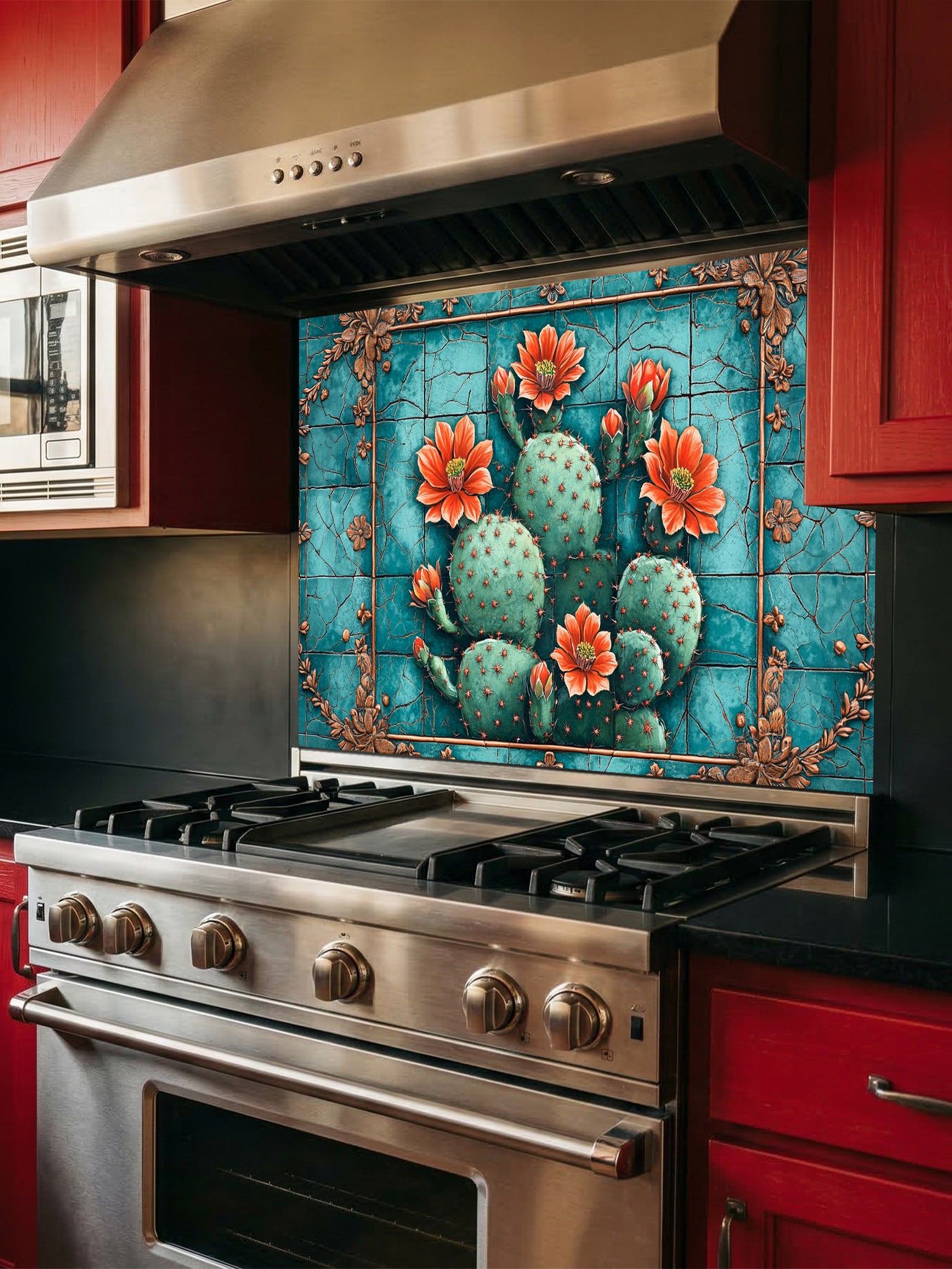 Faux vintage cracked turquoise tile featuring a blooming prickly pear cactus with orange flowers, UV printed on a smooth tempered glass kitchen backsplash, installed behind a modern stove.