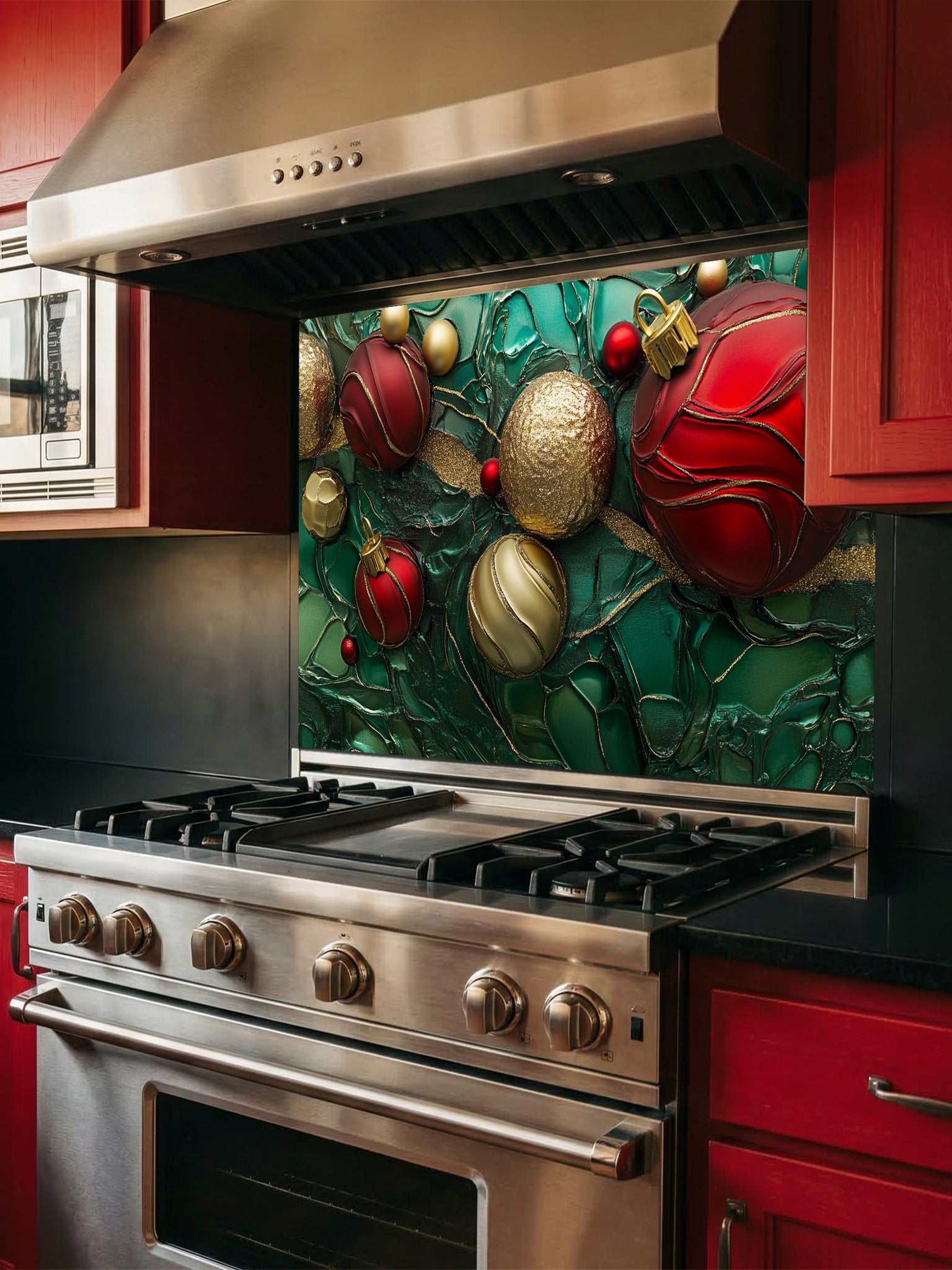 Tempered glass kitchen backsplash featuring a highly realistic 3D illusion of festive red and gold Christmas ornaments and ribbons floating against a deep emerald green marble and fluid art background with golden veins, installed behind a modern stainless steel stove.