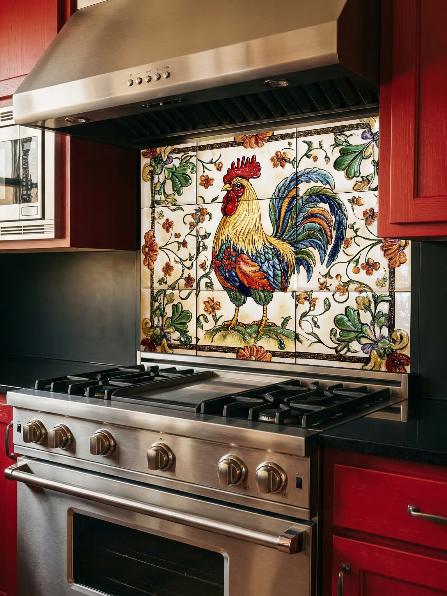 Kitchen stove with decorative glass backsplash featuring a rooster design.