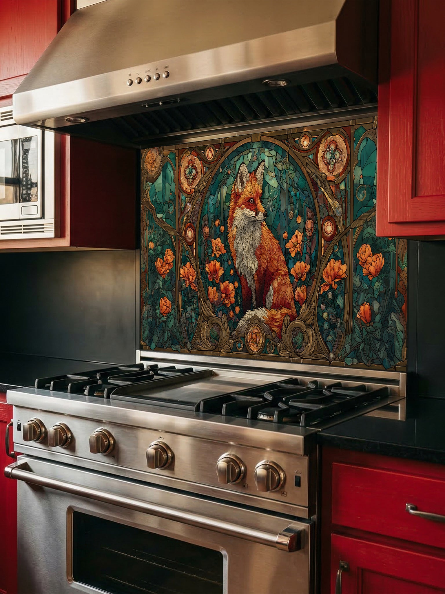 Tempered glass kitchen backsplash featuring a highly realistic 3D illusion of Art Nouveau stained glass showing a red fox surrounded by orange flowers and ornate borders against a teal background, installed behind a modern stainless steel stove.