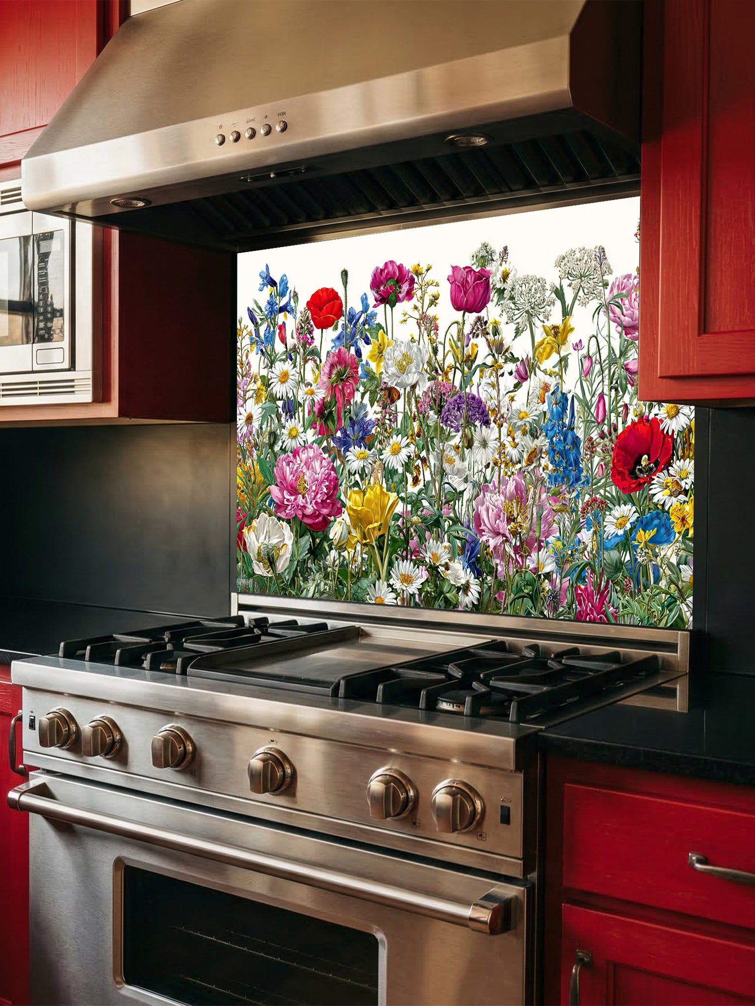 Vibrant spring meadow pattern featuring colorful wildflowers, red poppies, and daisies on a crisp white background, UV printed on a smooth tempered glass kitchen backsplash.