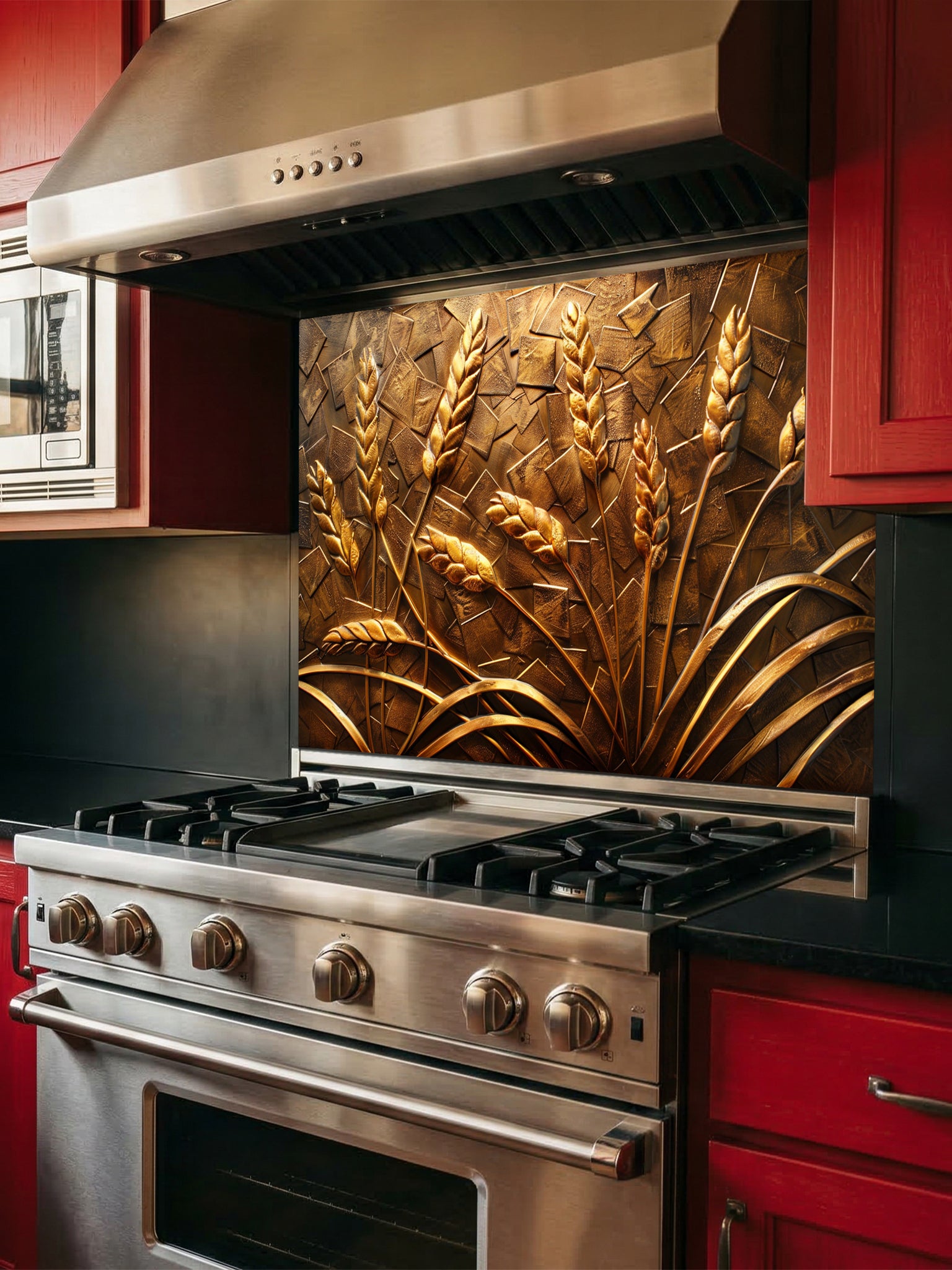 Faux 3D effect carved bronze and gold wheat stalks on a textured metallic background, UV printed on a smooth tempered glass kitchen backsplash, installed behind a modern stove.