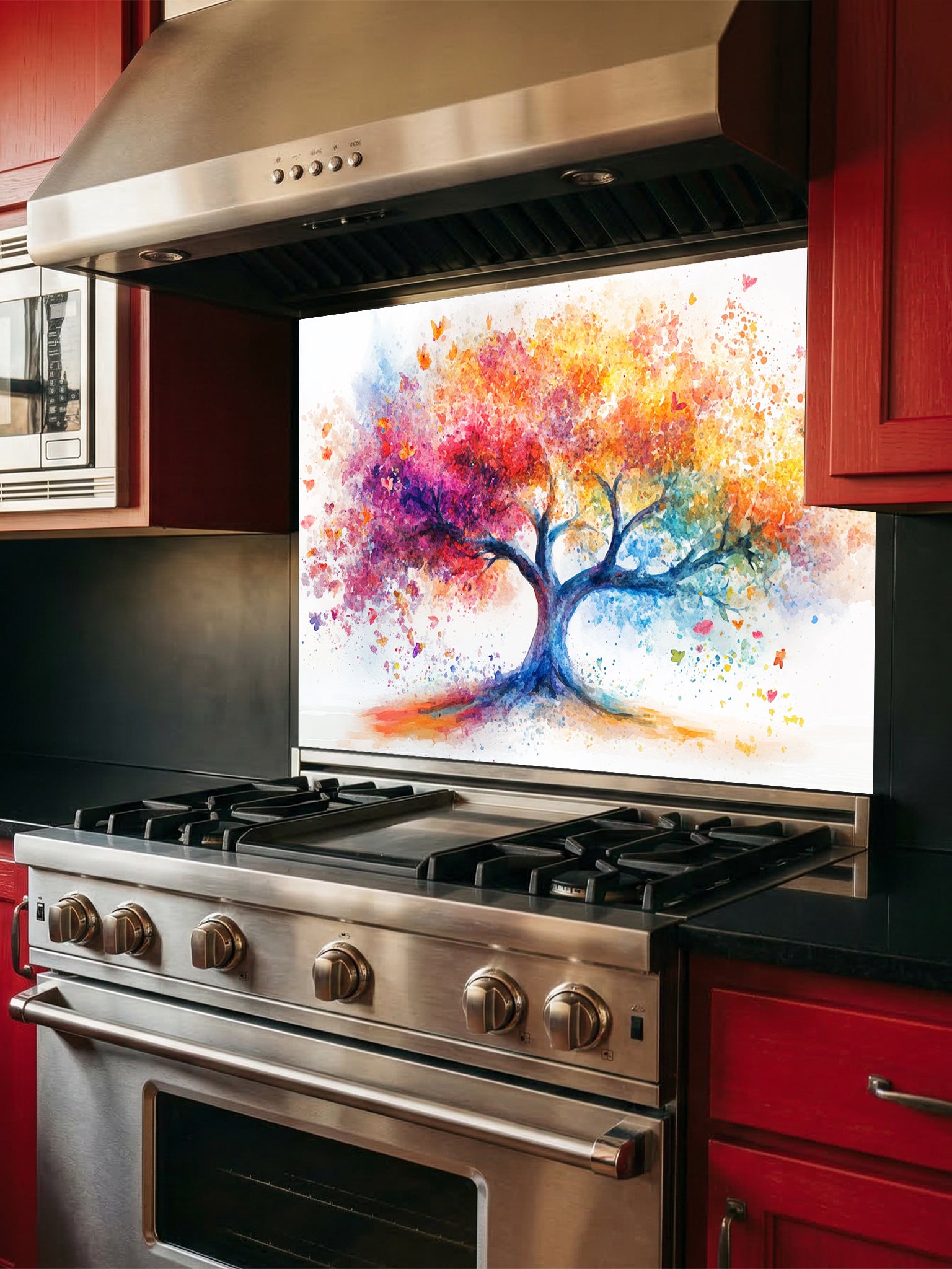 Vibrant watercolor style Tree of Life with colorful paint splatters in rainbow hues, UV printed on a smooth tempered glass kitchen backsplash.