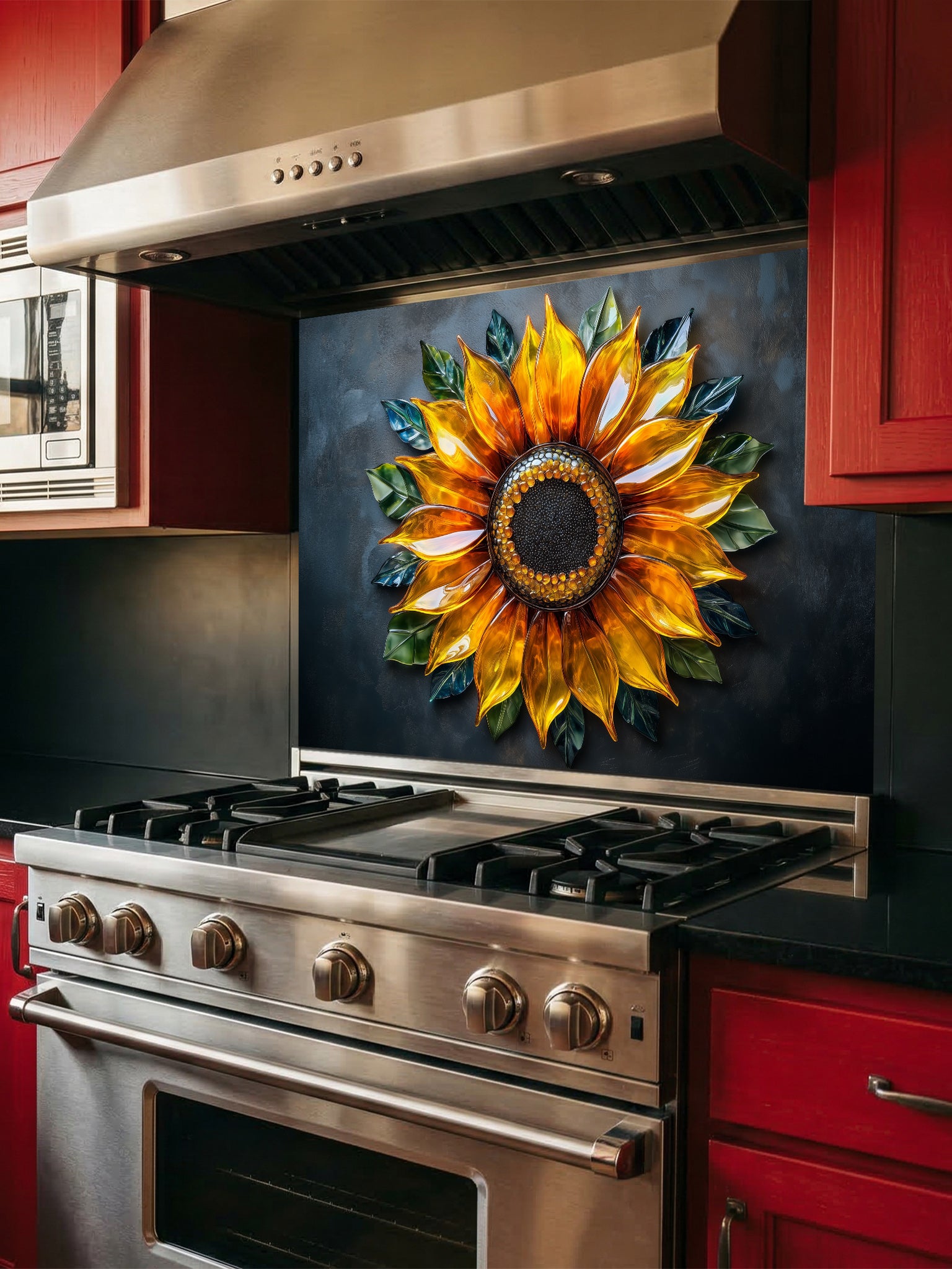 Tempered glass kitchen backsplash featuring a highly realistic 3D illusion of a glowing, translucent blown glass golden sunflower with green leaves against a dramatic dark charcoal background, installed behind a modern stainless steel stove.