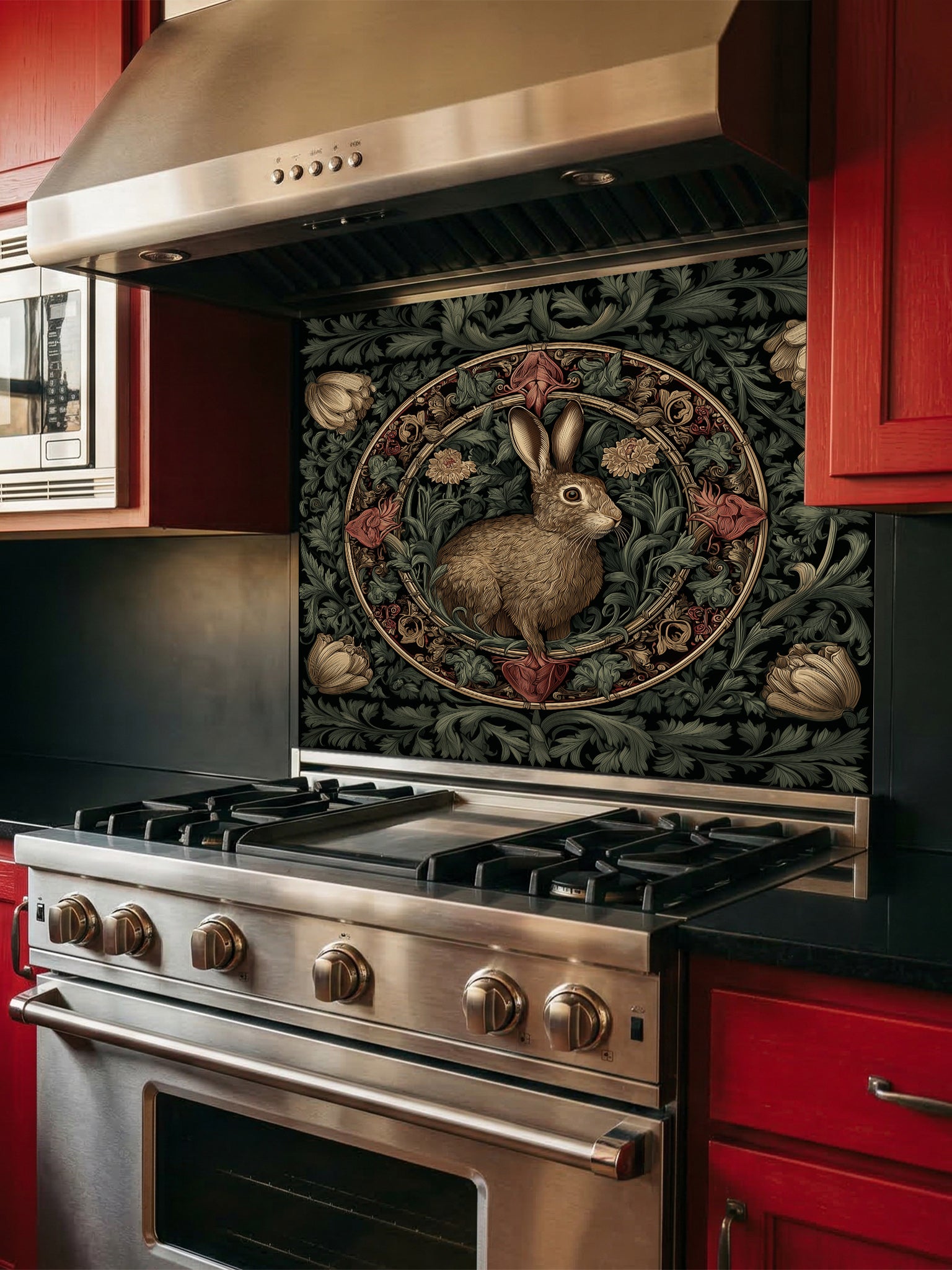 Tempered glass kitchen backsplash featuring a vintage-style dark botanical design with an ornate circular floral frame enclosing a classic illustration of a brown woodland hare, installed behind a modern stainless steel stove.