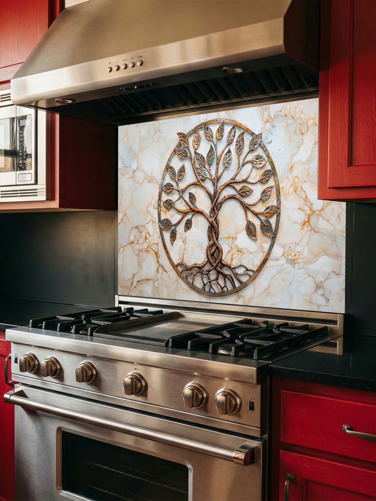 Faux 3D effect weathered rustic bronze and copper Tree of Life sculpture with patina accents on a warm cream marble background, UV printed on a smooth tempered glass kitchen backsplash, installed behind a modern stove.